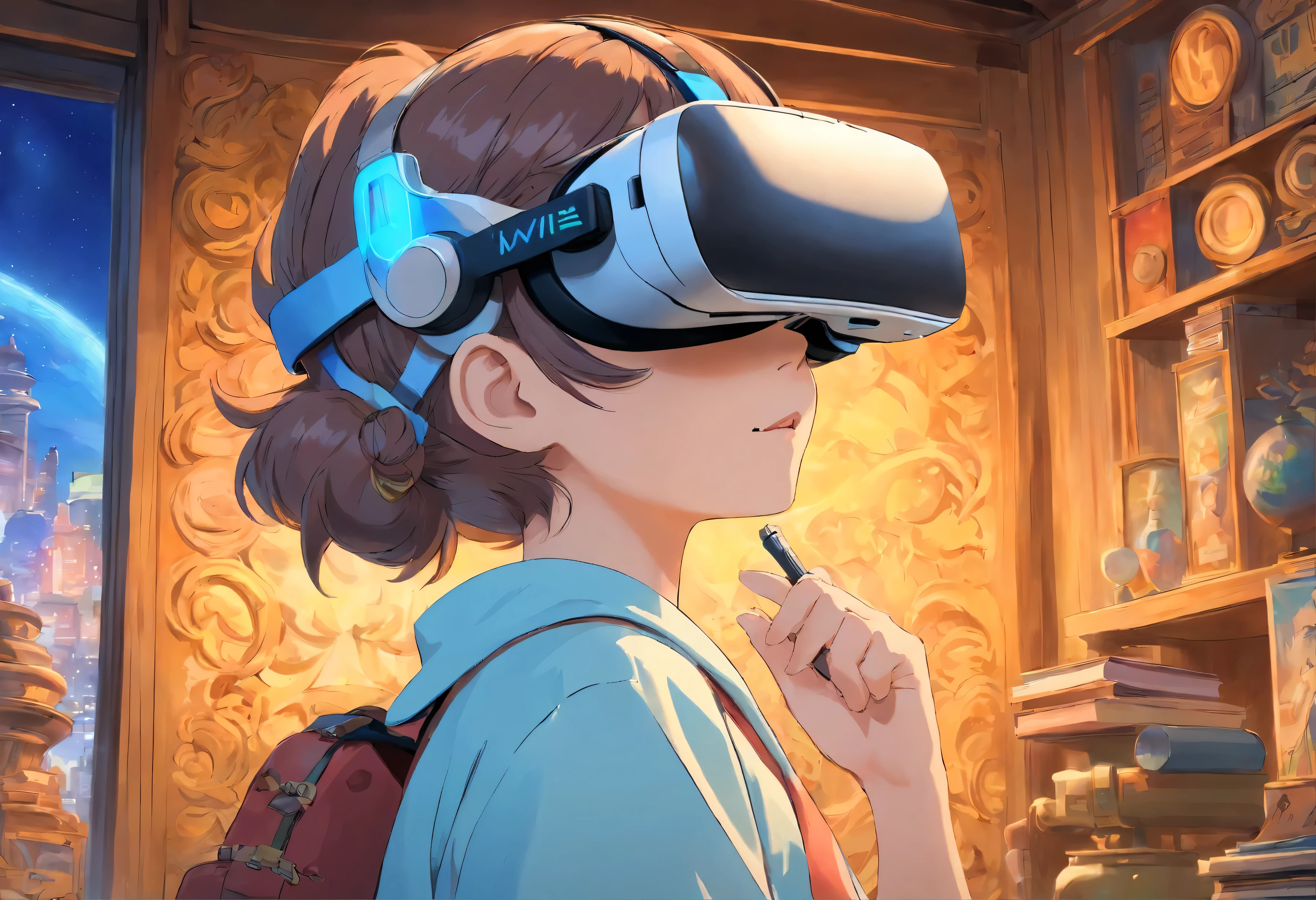 garota usando VR, Ela estava desenhando, for the public, Art Deco, anime, rastreamento de raio, estereograma, Art Deco, anime, rastreamento de raio, estereograma, alta qualidade, detalhes altos, super detalhe, pele texturizada, Ultra HD, obra de arte, Melhor qualidade, alta qualidade, detalhes altos, super detalhe, pele texturizada, Ultra HD, obra de arte, Melhor qualidade