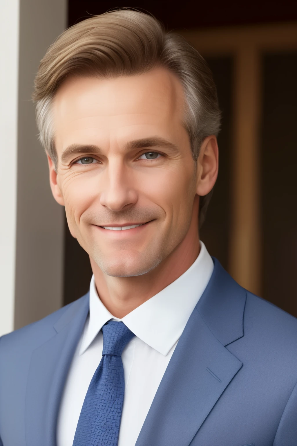 A honey-skinned, 60-year-old Caucasian man radiates charm and maturity in a passport-style image. He wears a well-tailored suit, accentuating his broad shoulders and confident posture. Beneath the jacket, a crisp blue collared shirt adds a pop of color to the monochromatic outfit. His warm, inviting smile extends to the edges of his face, displaying a full set of flawlessly white teeth. Brown hair, now thinning and almost balding, frames a clean-shaven face. His thoughtful, introspective brown eyes speak volumes about his wisdom and experience. The image boasts extremely high-quality, realistic detail