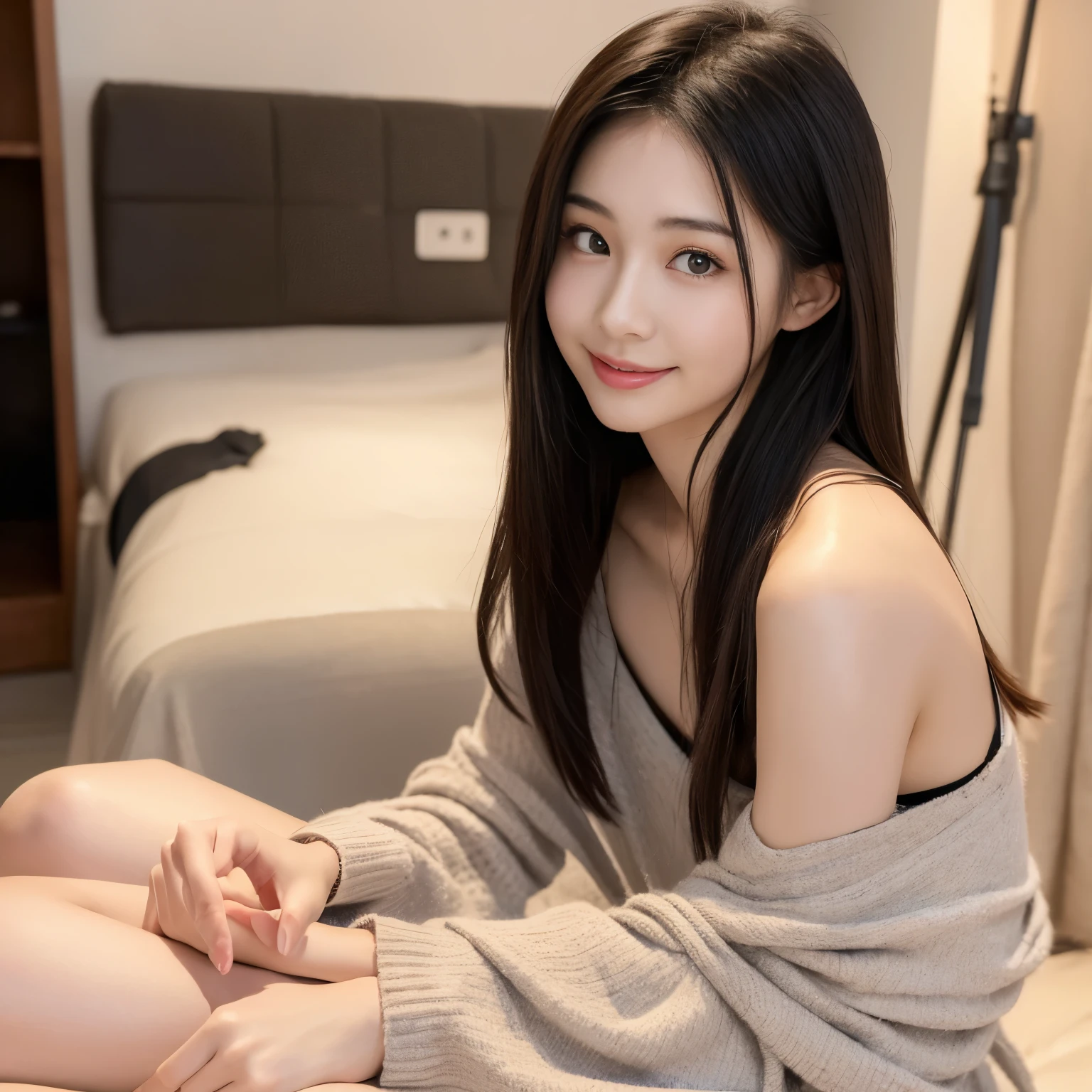 Pianfei、best quality、illustration、super detailed、fine details、High resolution、8K Dende Wallpaper、Perfect dynamic composition、Beautiful and delicate eyes、winter casual wear、Medium long hair、small breasts、natural color lips、大胆sexy的姿势、shy smile、Harajuku style、18 year old girl、Cute type、看着相机的sexy镜头、Asian、front、sexy