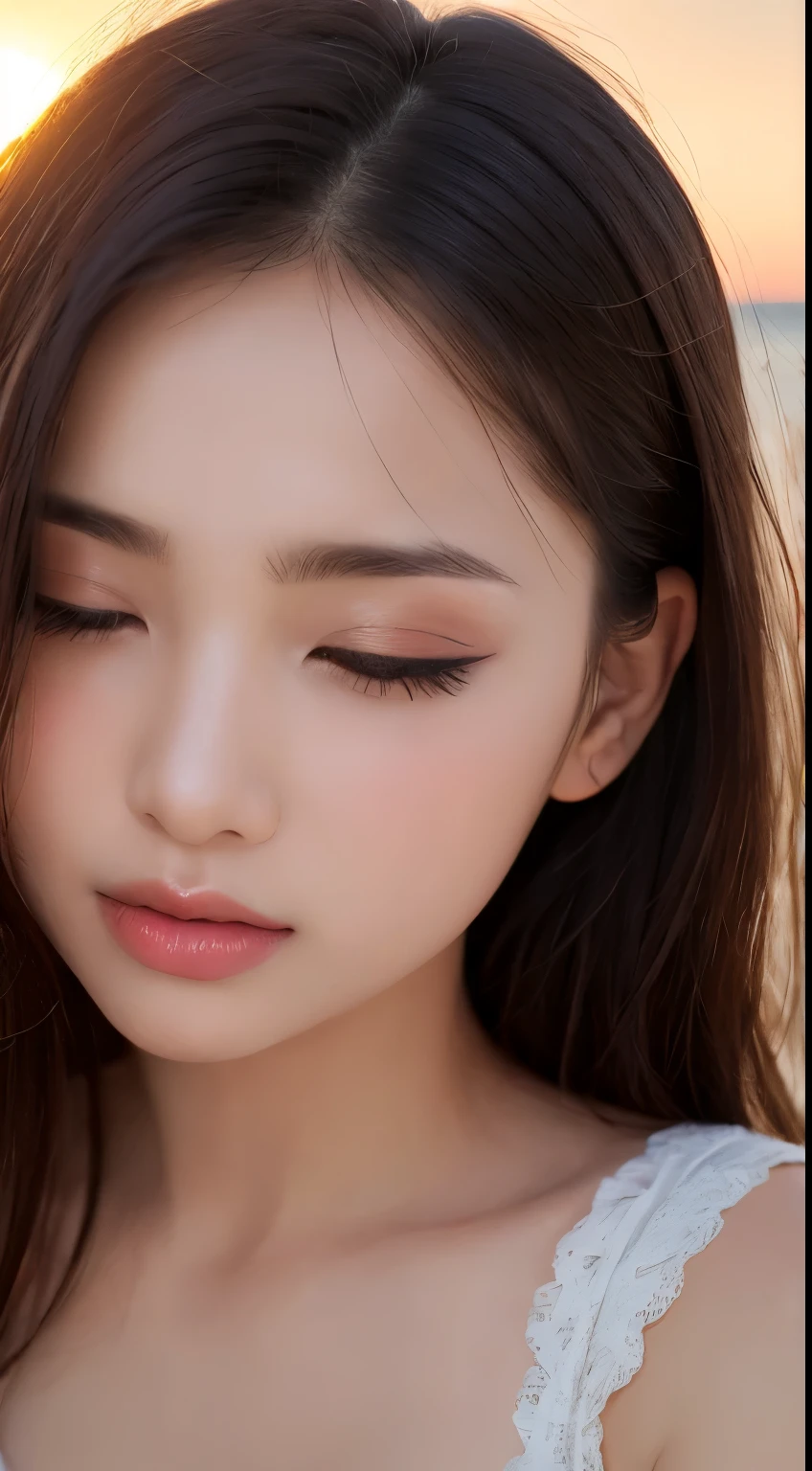 masutepiece, Best Quality, Illustration, Ultra-detailed, finely detail, hight resolution, 8K Wallpaper, Perfect dynamic composition, Beautiful detailed eyes, Wear a dress, Natural Color Lip,Beach, Random and cute poses, Kissing face,Close your eyes,Face Kiss Viewer,Perfect and beautiful face,Cute,Sexy face,Sunset,A face that felt ecstasy,Feminine face,Expression of excitement climax having sex
