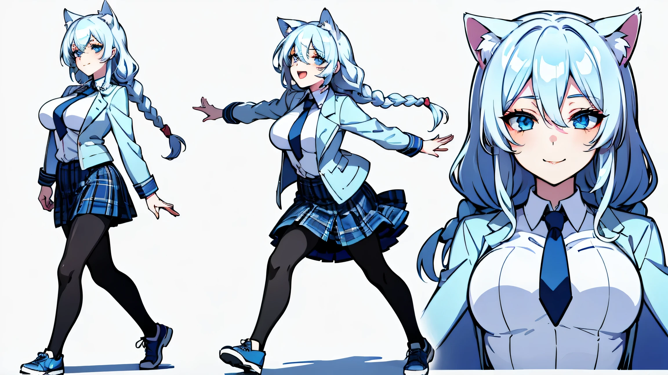 
karapucha Remix Hints Copy hints highest quality, Detailed face, Character Sheet,(((Young woman:1.5))), ((whole body:1.2)), Full of details, Multiple postures and facial expressions, very detailed, Depth, 1 Young woman, without bangs, (sky long hair, blue sexy eyes, Straight hair, cat ears, white shirt and blue tie, Leather Jacket looks, medium breasts, High neckline, strap, Suspense, Skinny black jeans, White running shoes, Rocker style, sexy smile and pose,Discolored skin, （Two-dimensional art style），full-body view，full-shot，up front view，posterior view，girl，Character design，character  design，Three views of peopl，Blue and white plaid skirt dress，ice blue hair，With simple braids，Cute cheerful，The smile is bright，Blue eyes，Intense highlights，clear silhouette，True human proportions，Sharp shadows，8K，high high quality，Plain white background，（cellshading）, Giant breast, 