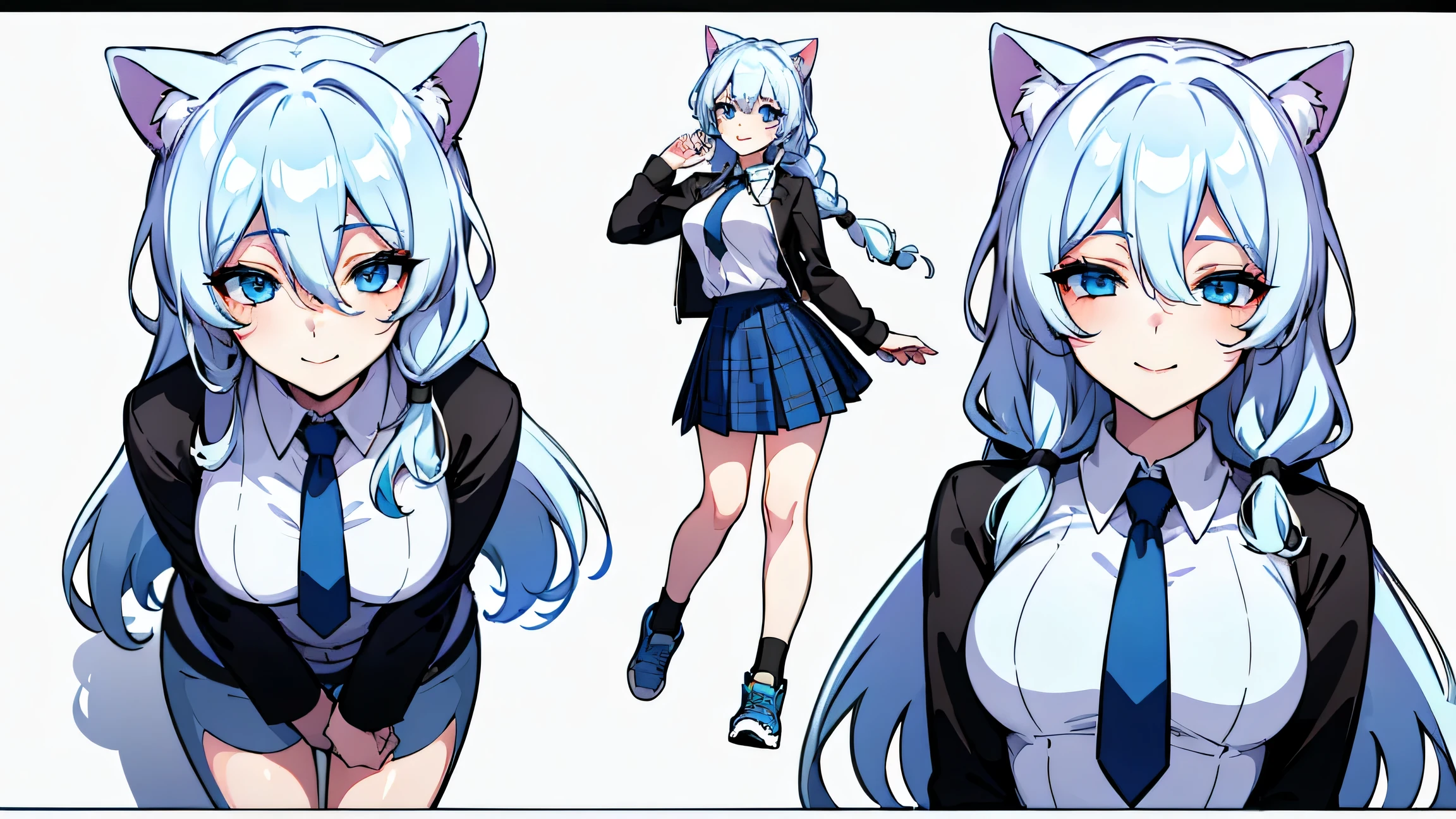 
karapucha Remix Hints Copy hints highest quality, Detailed face, Character Sheet,(((Young woman:1.5))), ((whole body:1.2)), Full of details, Multiple postures and facial expressions, very detailed, Depth, ****ung woman, without bangs, (sky long hair, blue sexy eyes, Straight hair, cat ears, white shirt and blue tie, Leather Jacket looks, medium breasts, High neckline, strap, Suspense, Skinny black jeans, White running shoes, Rocker style, sexy smile and pose,Discolored skin, （Two-dimensional art style），full-body view，full-shot，up front view，posterior view，girl，Character design，character  design，Three views of peopl，Blue and white plaid skirt dress，ice blue hair，With simple braids，Cute cheerful，The smile is bright，Blue eyes，Intense highlights，clear silhouette，True human proportions，Sharp shadows，8K，high high quality，Plain white background，（cellshading）, Giant breast, 