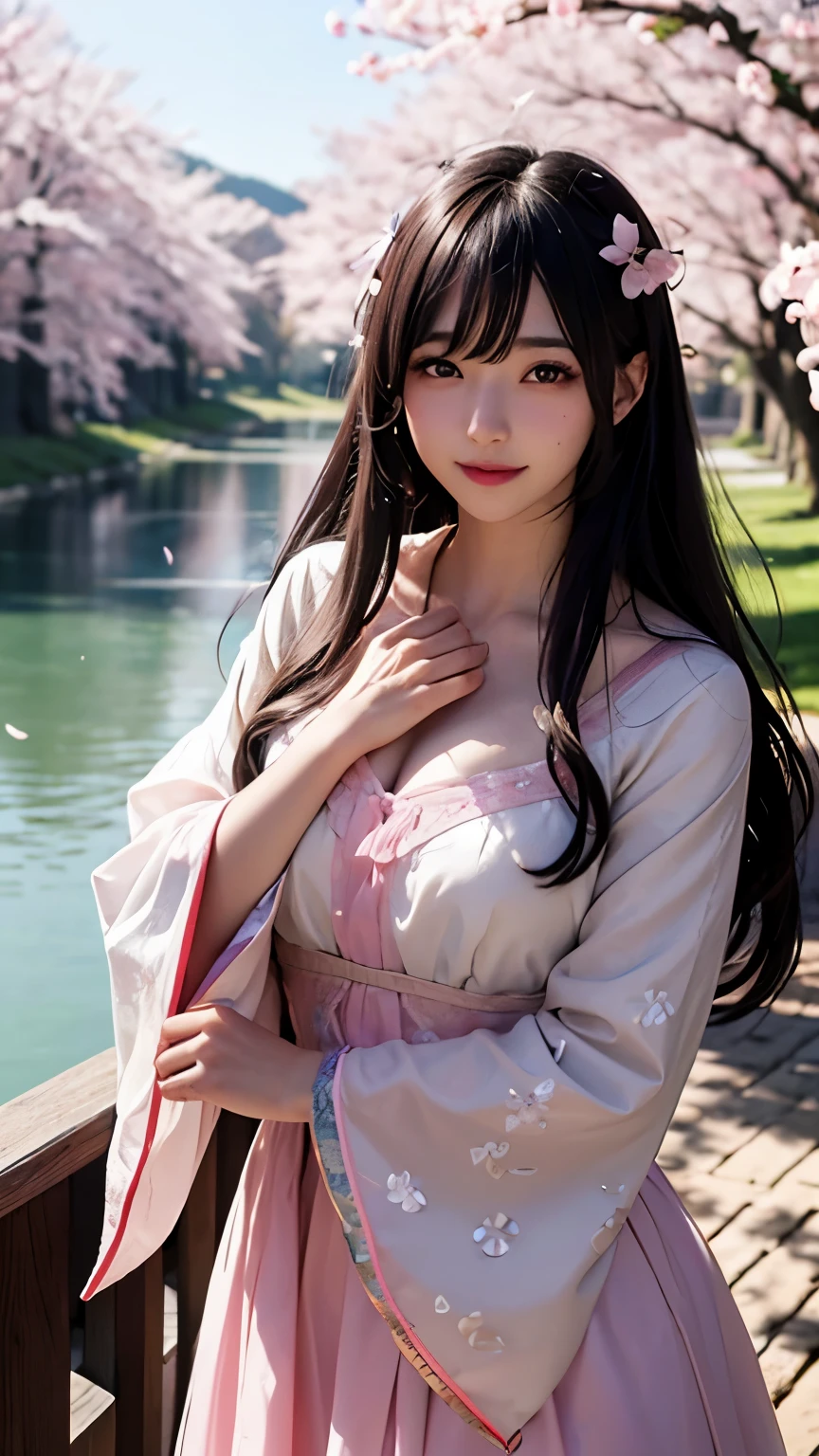 (logo、masterpiece、8K、table top、Raw photo、wonderful、最high quality、フォトリアリスティックでvery detailedな CG 統合 8k 壁紙、high quality、very detailed、narrative poem、particle effects、dynamic effects、Depth of the bounds written、cinematic light、Lens flare、ray tracing)、fantasy、 (1 beautiful woman、dress、dress、cherry blossom pattern、black haired、beautiful face、real face、beautiful details eyes beautiful skin)、髪がWindで踊る、Hair flutters in Wind、hair bounces、pink cherry tree、petals dance、SakuraFubuki、Spectacular view、sunrise、sun on background、Wind、