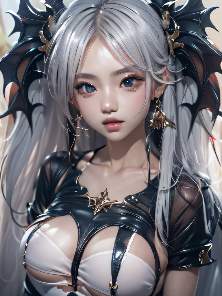masterpiece, Raw photo,photorealism,High resolution,highest quality,High resolution, perfect composition, perfect face, perfect body, 16k,cinematic lighting,silver hair,Succubus,whip,latex,black,charm,Demon's Castle Background、clavicleの見える悪魔の衣装、close up of face、twin tails、close up of face、clavicle、earrings、