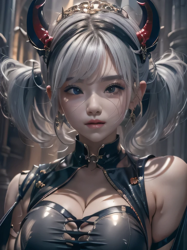 masterpiece, Raw photo,photorealism,High resolution,highest quality,High resolution, perfect composition, perfect face, perfect body, 16k,cinematic lighting,silver hair,Succubus,whip,latex,black,charm,Demon's Castle Background、clavicleの見える悪魔の衣装、close up of face、twin tails、close up of face、clavicle、earrings、