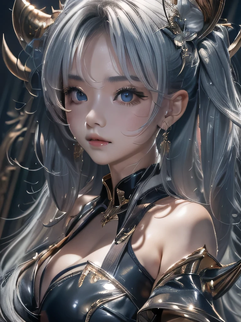 masterpiece, Raw photo，photorealism，High resolution，highest quality，High resolution, perfect composition, perfect face, perfect body, 16k，cinematic lighting，silver hair，Succubus，whip，latex，black，Charm，Demon's Castle Background、clavicle visible devil costume、close up of face、ponytail、close up of face、clavicle、earrings、