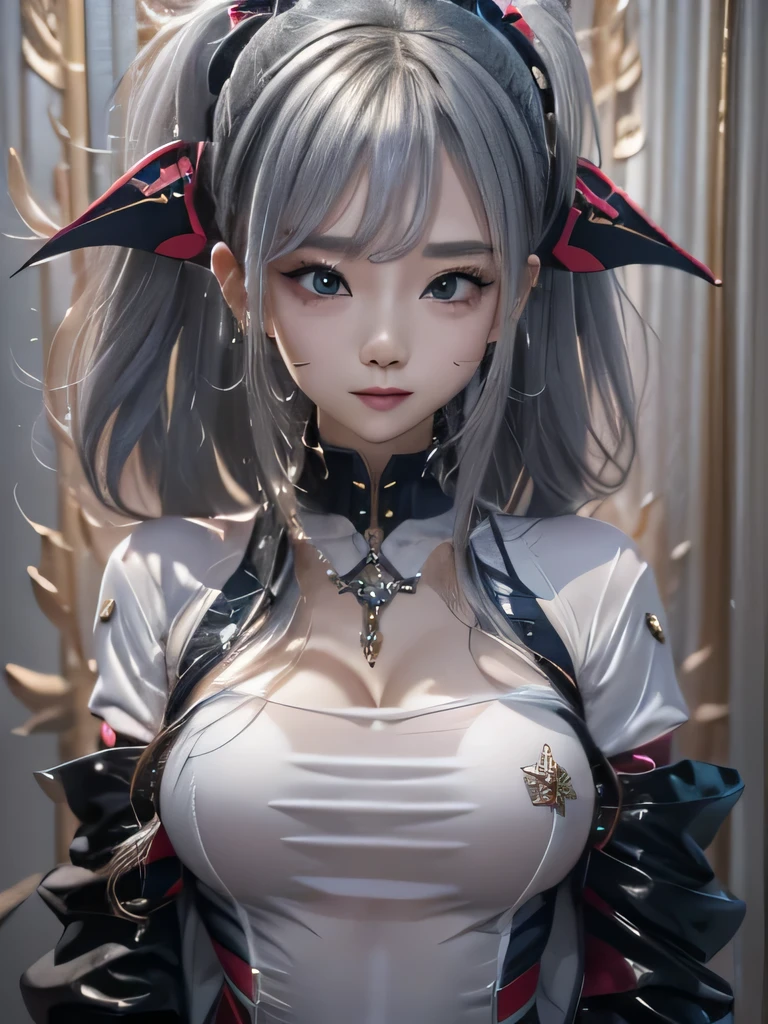 masterpiece, Raw photo，photorealism，High resolution，highest quality，High resolution, perfect composition, perfect face, perfect body, 16k，cinematic lighting，silver hair，Succubus，whip，latex，black，charm，Demon's Castle Background、clavicleの見える悪魔の衣装、close up of face、twin tails、close up of face、clavicle、earrings、