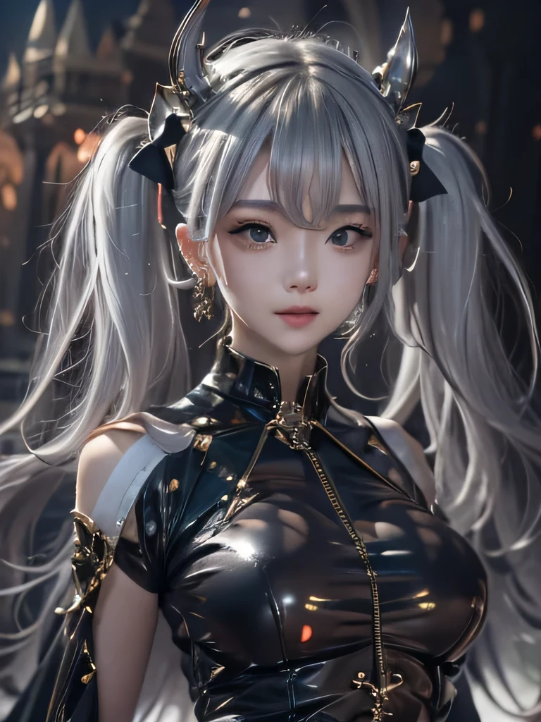 masterpiece, Raw photo，photorealism，High resolution，highest quality，High resolution, perfect composition, perfect face, perfect body, 16k，cinematic lighting，silver hair，Succubus，whip，latex，black，charm，Demon's Castle Background、clavicleの見える悪魔の衣装、close up of face、twin tails、close up of face、clavicle、earrings、