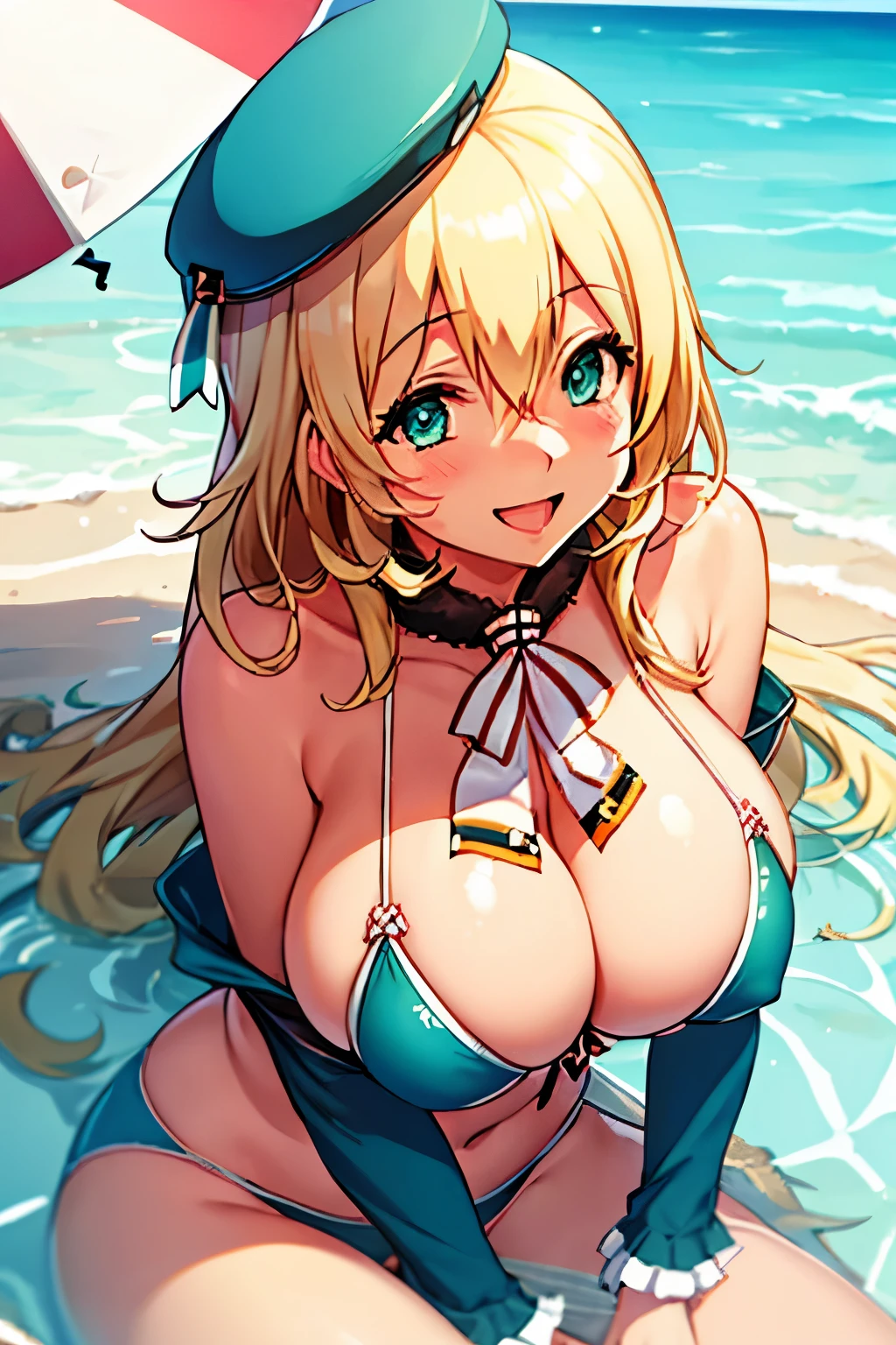 atago_kantaicollection,blonde_hair, long_hair, hat, breasts, blush, gigantic_breasts, smile,open_mouth, bikini, green_eyes, blue_eyes,beach,happy smile