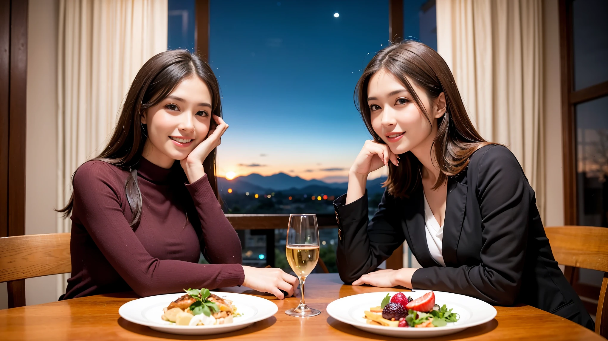 K, Hmm, highest quality, masterpiece: 1.2), (realistic, photorealistic: 1.37), Spectacular view of the sunset sky and clouds、Amazing mountain views、美しいsmile、3 slim beauties, (slim face),Happy、 the best smile、Fox face、Berry Short、(because I'thin), (brown hair), (shortcut), long sleeve shirt、winter fashion、Colombian、Brazilian、Japanese、Dutch、German、Portuguese、Belgian、Italian、French,Champagne、sparKling wine、 (gush out), (slim body), (brown hair), (shortcut), neat beauty、cheeKs turn a little red, (42 years old), 38 years old, alone, A beautiful and detailed night view spreads out outside the window...., restaurant, wine glass is sitting, At night, in a prominent place (from the Upper body) nova frog style, actress, model, Upper body, White wine, slim, wine glass, Very beautiful night view, wine glass Put in the Middle, Happy smile, (smile: 1.15),
