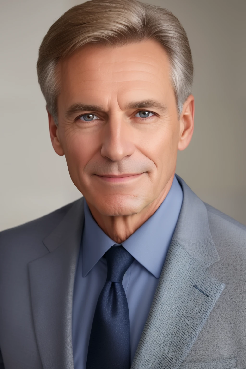 A handsome 60-year-old Caucasian man, exuding confidence and charisma, poses for his passport-style image. Dressed in a well-tailored blue suit and a crisp collared shirt, he flashes a big, warm smile that fills his entire face. His clean-shaved face contrasts with his thinning brown hair, which is only a hint of its former glory, bordering on balding. His brown eyes twinkle with wisdom and experience, adding depth and character to his visage.

The image boasts an extraordinary level of detail and realism, capturing every minute pore and wrinkle on his skin. The photograph's background is