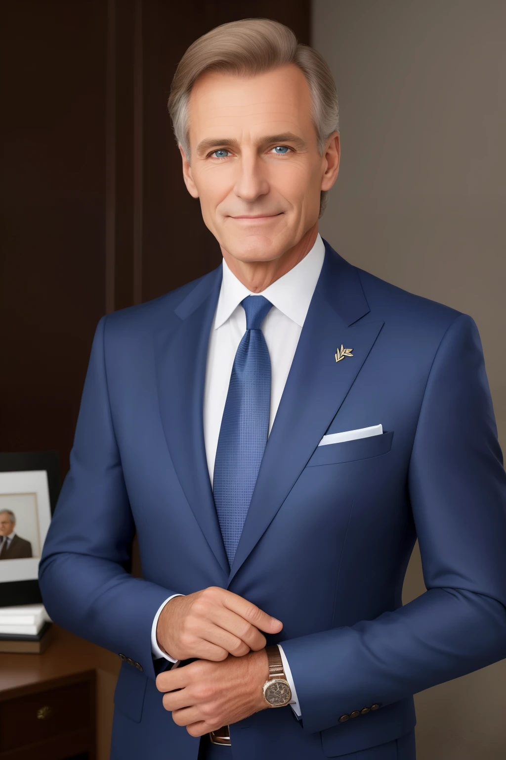 A handsome 60-year-old Caucasian man, exuding confidence and charisma, poses for his passport-style image. Dressed in a well-tailored blue suit and a crisp collared shirt, he flashes a big, warm smile that fills his entire face. His clean-shaved face contrasts with his thinning brown hair, which is only a hint of its former glory, bordering on balding. His brown eyes twinkle with wisdom and experience, adding depth and character to his visage.
The image boasts an extraordinary level of detail and realism, capturing every minute pore and wrinkle on his skin. The photograph's background is