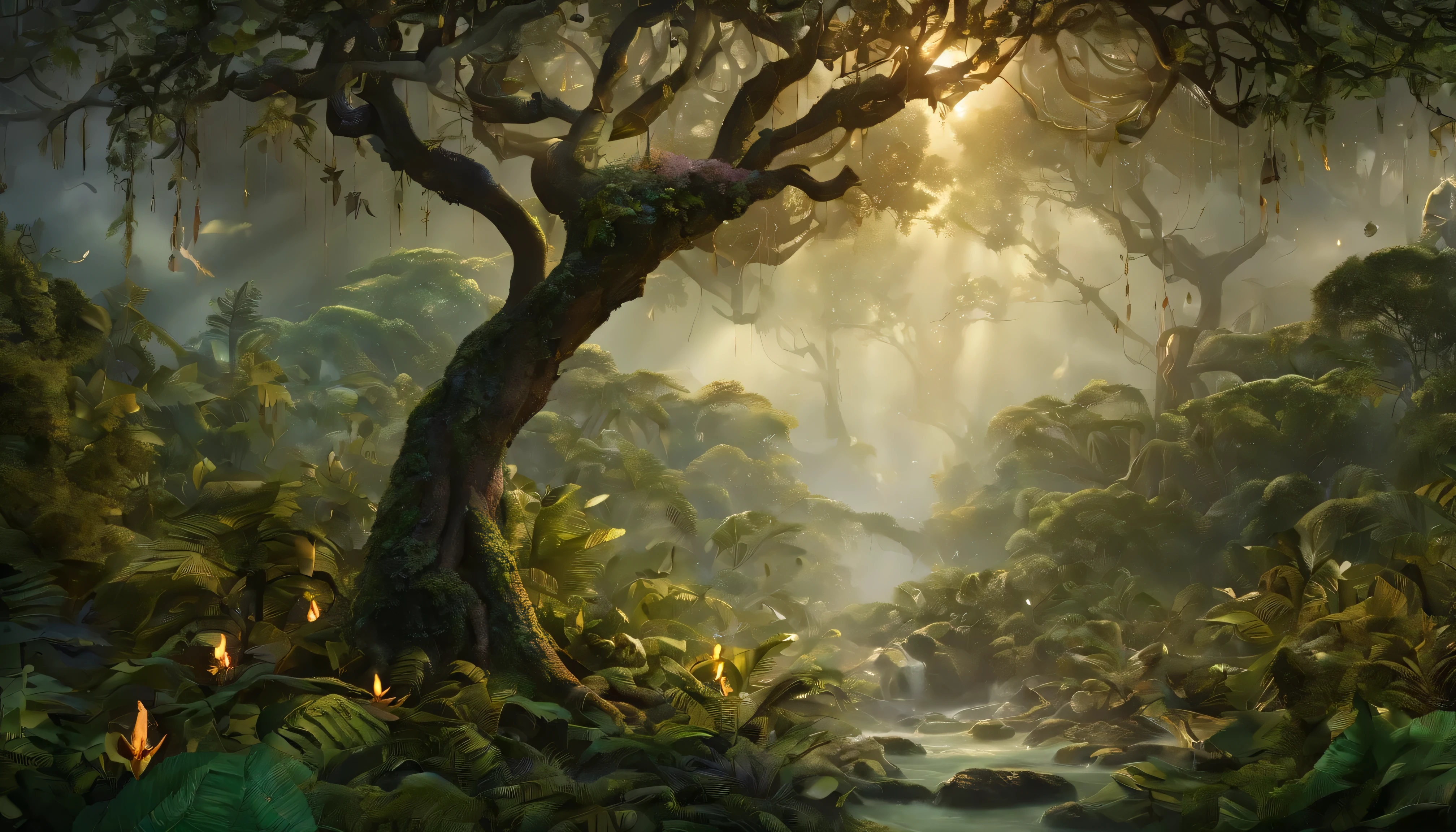 Design an image depicting an intense night storm scene over an ancient rainforest. The sky above is a canvas of chaotic beauty, with lightning bolts illuminating the dense canopy below. Each flash reveals the rich, wet leaves of towering trees and the intricate ecosystem that thrives under their shelter. The storm's fury is juxtaposed with the enduring calm of the forest, highlighting the timeless dance between nature's tempests and the tranquility of the ancient woodlands. Include the occasional glimpse of a waterfall or river, its waters surging in response to the downpour, adding to the scene's dynamic beauty.