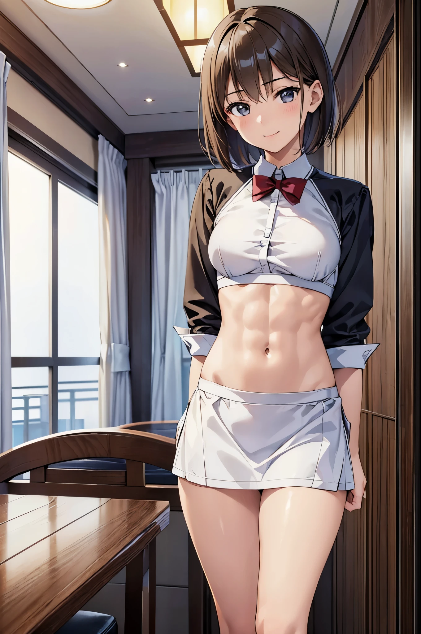 (((Beautiful woman))),(((((Flat Chest))))),abdomen,(((Very strong abs)))),(((((abs,muscular girl,biceps))))),((topless,Nipples)),((((Very muscular)))),black coat,((A light smile)),((Muscular)),ponytail,Very short shorts,alone,((parted lips)),Silver Hair, Earrings, Frill for one ear, bangs, Hazel eyes, boots, Ruffle sleeves, Tassel,bangs, Hazel eyes,最high quality,masterpiece,High resolution,high quality,8k,taller than,extremely detailed CG unity 8k wallpaper,Japanese Room,Japanese-style room