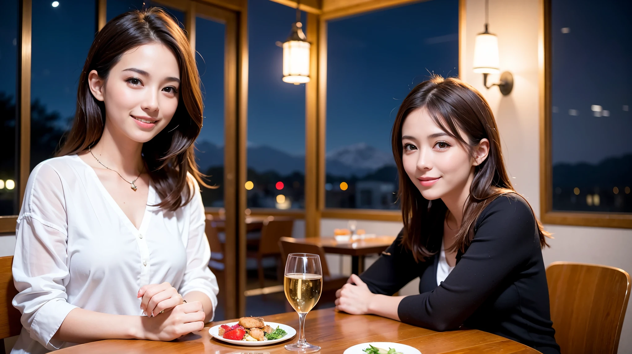 K, UHD, highest quality, masterpiece: 1.2), (realistic, photorealistic: 1.37), Super detailed, slimな美女3名, (slimフェイス),Happy、 最高なsmile、Fox face、Berry Short、(because I'thin), (brown hair), (shortcut), long sleeve shirt、winter fashion、Colombian、Brazilian、Japanese、Dutch、German、Portuguese、Belgian、Italian、French,Champagne、SparKling wine、 (gush), (slimボティ), (brown hair), (shortcut), neat beauty、cheeKs blush a little, (35 years old), 38 years old, alone, A beautiful and detailed night view spreads out outside the window..., restaurant, wine glassが座っている, At night, in a prominent place (from the Upper body) nova frog style, actress, model, Upper body, White wine, slim, wine glass, very beautiful night view, wine glass Put in the Middle, Happy smile, (smile: 1.15),