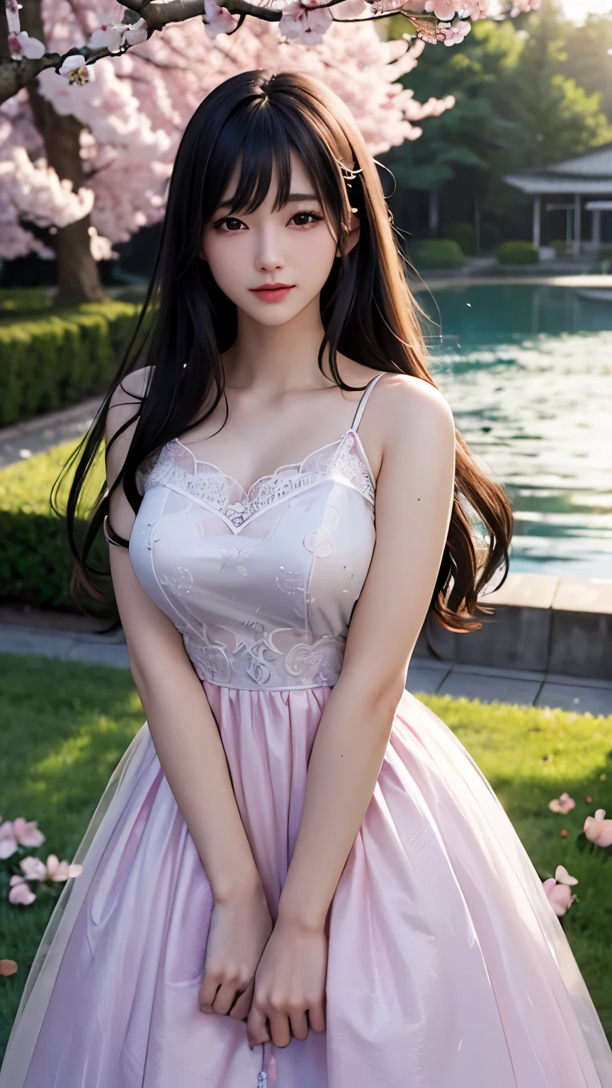 (logo、masterpiece、8K、table top、Raw photo、wonderful、最high quality、フォトリアリスティックでvery detailedな CG 統合 8k 壁紙、high quality、very detailed、narrative poem、particle effects、dynamic effects、Depth of the bounds written、cinematic light、Lens flare、ray tracing)、fantasy、 (1 beautiful woman、dress、dress、cherry blossom pattern、black haired、beautiful face、real face、beautiful details eyes beautiful skin)、髪がWindで踊る、Hair flutters in Wind、hair bounces、pink cherry tree、petals dance、SakuraFubuki、Spectacular view、sunrise、sun on background、Wind、
