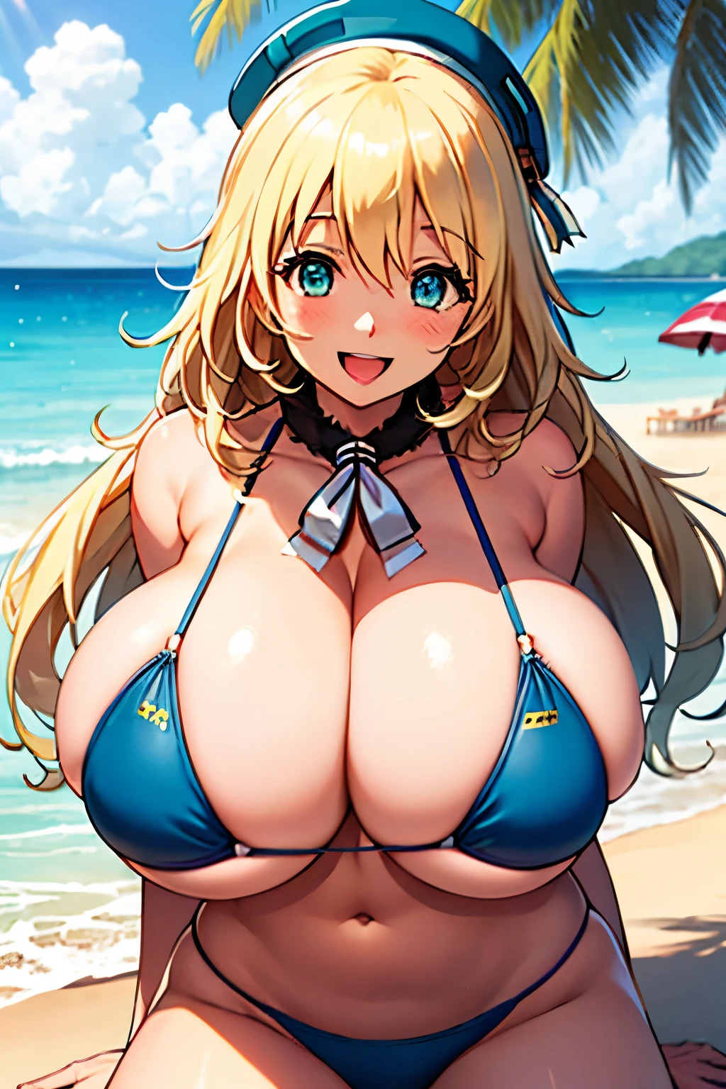 atago_kantaicollection,blonde_hair, long_hair, hat, breasts, blush, (gigantic_breasts:1.5), smile,open_mouth, bikini, green_eyes, blue_eyes,beach,happy smile