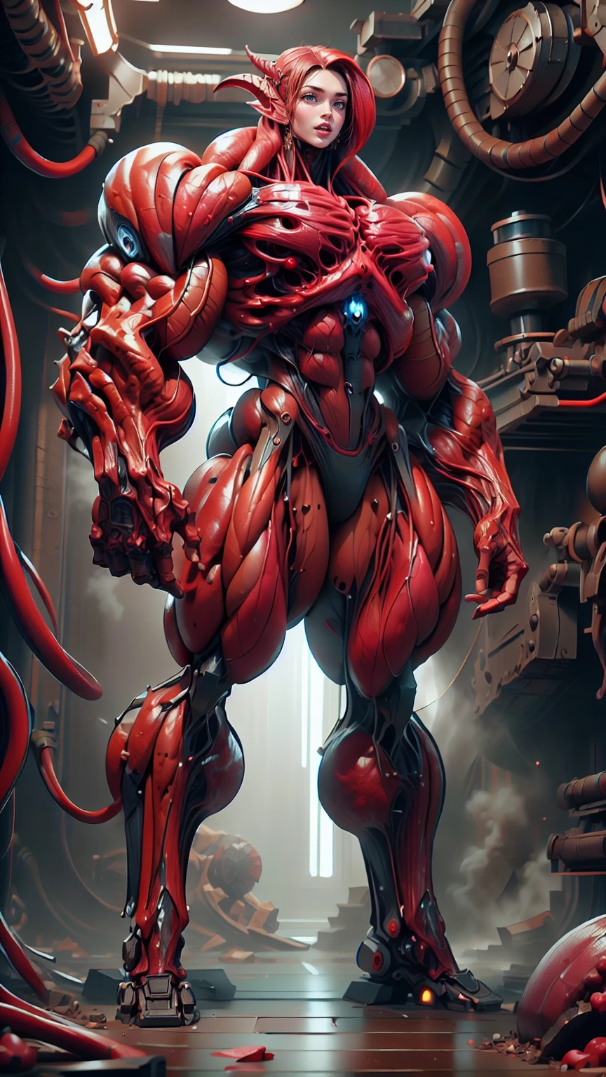 Cinematic, clear facial features and insanely detailed, the image captures the essence of (1 girl), (megan fox:1.25), (long red hair), (carnage skinless physique:1.25), (1 super muscular undead skinless succubus with gigantic horns:1.25), (covered in red necrotic rotting skinless muscle:1.25), (exposed muscles & veins everywhere:1.25), (perfect fingers:1.25) (full body pose:1.25). The color grading is beautifully done, enhancing the overall cinematic feel. Unreal Engine makes her appearance even more mesmerizing. With depth of field (DOF), every detail is focused and accentuated, drawing attention to her eyes and hair. Peak image resolution utilizing super-resolution technology ensures pixel perfection. Cinematic lighting enhances her aura, while anti-aliasing techniques like FXAA and TXAA keep the edges smooth and clean. Adding realism to the muscular bio-mecha succubus , RTX technology enables ray tracing. Additionally, SSAO (Screen Space Ambient Occlusion) gives depth and realism to the scene, the girl's presence even more convincing. In the post-processing and post-production stages, tone mapping enhances the colors, creating a captivating visual experience. The integration of CGI (Computer-Generated Imagery) and VFX (Visual Effects brings out her demonic features seamlessly . Incredible level of detail, with intricate elements meticulously crafted, the artwork hyper maximalist and hyper-realistic. Volumetric effects add depth and dimension, with unparalleled photorealism. 8k resolution rendering ensures super detailed visuals. The volumetric lighting adds a touch of magic, highlighting her beauty and aura in an otherworldly way. High Dynamic Range (HDR) tech makes the colors pop, adding richness to the overall composition. Ultimately, this artwork presents an unreal, yet stunningly real portrayal of an incredibly beautiful bio-mecha succubus girl. The sharp focus ensures that every feature is crisply defined, creating a captivating presence. (girl face:1.45)