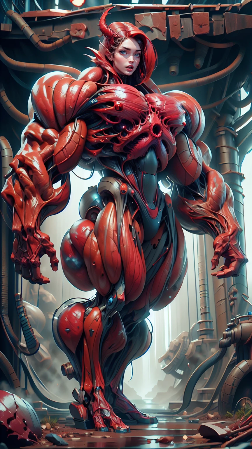 Cinematic, clear facial features and insanely detailed, the image captures the essence of (1 girl), (megan fox:1.25), (long red hair), (carnage skinless physique:1.25), (1 super muscular undead skinless succubus with gigantic horns:1.25), (covered in red necrotic rotting skinless muscle:1.25), (exposed muscles & veins everywhere:1.25), (perfect fingers:1.25) (full body pose:1.25). The color grading is beautifully done, enhancing the overall cinematic feel. Unreal Engine makes her appearance even more mesmerizing. With depth of field (DOF), every detail is focused and accentuated, drawing attention to her eyes and hair. Peak image resolution utilizing super-resolution technology ensures pixel perfection. Cinematic lighting enhances her aura, while anti-aliasing techniques like FXAA and TXAA keep the edges smooth and clean. Adding realism to the muscular bio-mecha succubus , RTX technology enables ray tracing. Additionally, SSAO (Screen Space Ambient Occlusion) gives depth and realism to the scene, the girl's presence even more convincing. In the post-processing and post-production stages, tone mapping enhances the colors, creating a captivating visual experience. The integration of CGI (Computer-Generated Imagery) and VFX (Visual Effects brings out her demonic features seamlessly . Incredible level of detail, with intricate elements meticulously crafted, the artwork hyper maximalist and hyper-realistic. Volumetric effects add depth and dimension, with unparalleled photorealism. 8k resolution rendering ensures super detailed visuals. The volumetric lighting adds a touch of magic, highlighting her beauty and aura in an otherworldly way. High Dynamic Range (HDR) tech makes the colors pop, adding richness to the overall composition. Ultimately, this artwork presents an unreal, yet stunningly real portrayal of an incredibly beautiful bio-mecha succubus girl. The sharp focus ensures that every feature is crisply defined, creating a captivating presence. (girl face:1.45)
