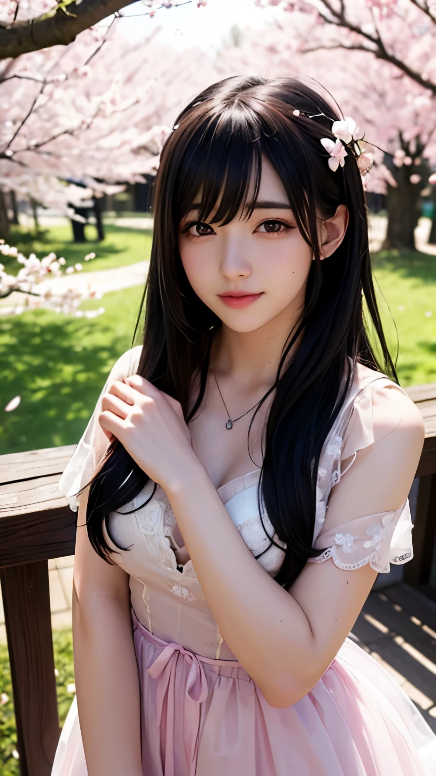 (logo、masterpiece、8K、table top、Raw photo、wonderful、最high quality、フォトリアリスティックでvery detailedな CG 統合 8k 壁紙、high quality、very detailed、narrative poem、particle effects、dynamic effects、Depth of the bounds written、cinematic light、Lens flare、ray tracing)、fantasy、 (1 beautiful woman、dress、dress、cherry blossom pattern、black haired、beautiful face、real face、beautiful details eyes beautiful skin)、髪がWindで踊る、Hair flutters in Wind、hair bounces、pink cherry tree、petals dance、SakuraFubuki、Spectacular view、sunrise、sun on background、Wind、