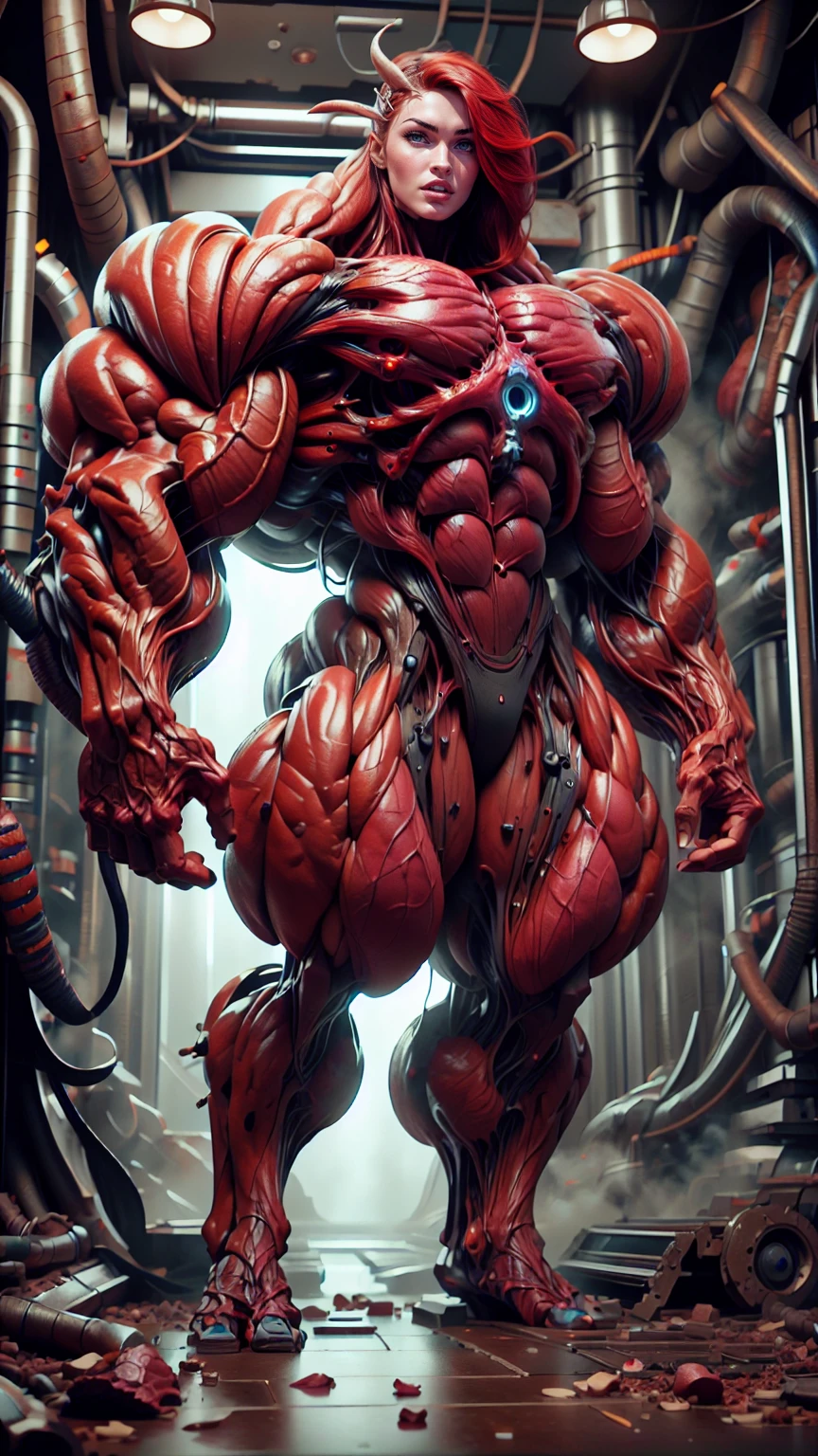 Cinematic, clear facial features and insanely detailed, the image captures the essence of (1 girl), (megan fox:1.25), (long red hair), (carnage skinless physique:1.25), (1 super muscular undead skinless succubus with gigantic horns:1.25), (covered in red necrotic rotting skinless muscle:1.25), (exposed muscles & veins everywhere:1.25), (perfect fingers:1.25) (full body pose:1.25). The color grading is beautifully done, enhancing the overall cinematic feel. Unreal Engine makes her appearance even more mesmerizing. With depth of field (DOF), every detail is focused and accentuated, drawing attention to her eyes and hair. Peak image resolution utilizing super-resolution technology ensures pixel perfection. Cinematic lighting enhances her aura, while anti-aliasing techniques like FXAA and TXAA keep the edges smooth and clean. Adding realism to the muscular bio-mecha succubus , RTX technology enables ray tracing. Additionally, SSAO (Screen Space Ambient Occlusion) gives depth and realism to the scene, the girl's presence even more convincing. In the post-processing and post-production stages, tone mapping enhances the colors, creating a captivating visual experience. The integration of CGI (Computer-Generated Imagery) and VFX (Visual Effects brings out her demonic features seamlessly . Incredible level of detail, with intricate elements meticulously crafted, the artwork hyper maximalist and hyper-realistic. Volumetric effects add depth and dimension, with unparalleled photorealism. 8k resolution rendering ensures super detailed visuals. The volumetric lighting adds a touch of magic, highlighting her beauty and aura in an otherworldly way. High Dynamic Range (HDR) tech makes the colors pop, adding richness to the overall composition. Ultimately, this artwork presents an unreal, yet stunningly real portrayal of an incredibly beautiful bio-mecha succubus girl. The sharp focus ensures that every feature is crisply defined, creating a captivating presence. (girl face:1.45)