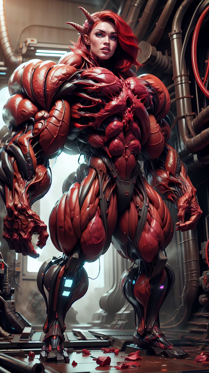 Cinematic, clear facial features and insanely detailed, the image captures the essence of (1 girl), (megan fox:1.25), (long red hair), (carnage skinless physique:1.25), (1 super muscular undead skinless succubus with gigantic horns:1.25), (covered in red necrotic rotting skinless muscle:1.25), (exposed muscles & veins everywhere:1.25), (perfect fingers:1.25) (full body pose:1.25). The color grading is beautifully done, enhancing the overall cinematic feel. Unreal Engine makes her appearance even more mesmerizing. With depth of field (DOF), every detail is focused and accentuated, drawing attention to her eyes and hair. Peak image resolution utilizing super-resolution technology ensures pixel perfection. Cinematic lighting enhances her aura, while anti-aliasing techniques like FXAA and TXAA keep the edges smooth and clean. Adding realism to the muscular bio-mecha succubus , RTX technology enables ray tracing. Additionally, SSAO (Screen Space Ambient Occlusion) gives depth and realism to the scene, the girl's presence even more convincing. In the post-processing and post-production stages, tone mapping enhances the colors, creating a captivating visual experience. The integration of CGI (Computer-Generated Imagery) and VFX (Visual Effects brings out her demonic features seamlessly . Incredible level of detail, with intricate elements meticulously crafted, the artwork hyper maximalist and hyper-realistic. Volumetric effects add depth and dimension, with unparalleled photorealism. 8k resolution rendering ensures super detailed visuals. The volumetric lighting adds a touch of magic, highlighting her beauty and aura in an otherworldly way. High Dynamic Range (HDR) tech makes the colors pop, adding richness to the overall composition. Ultimately, this artwork presents an unreal, yet stunningly real portrayal of an incredibly beautiful bio-mecha succubus girl. The sharp focus ensures that every feature is crisply defined, creating a captivating presence. (girl face:1.45)