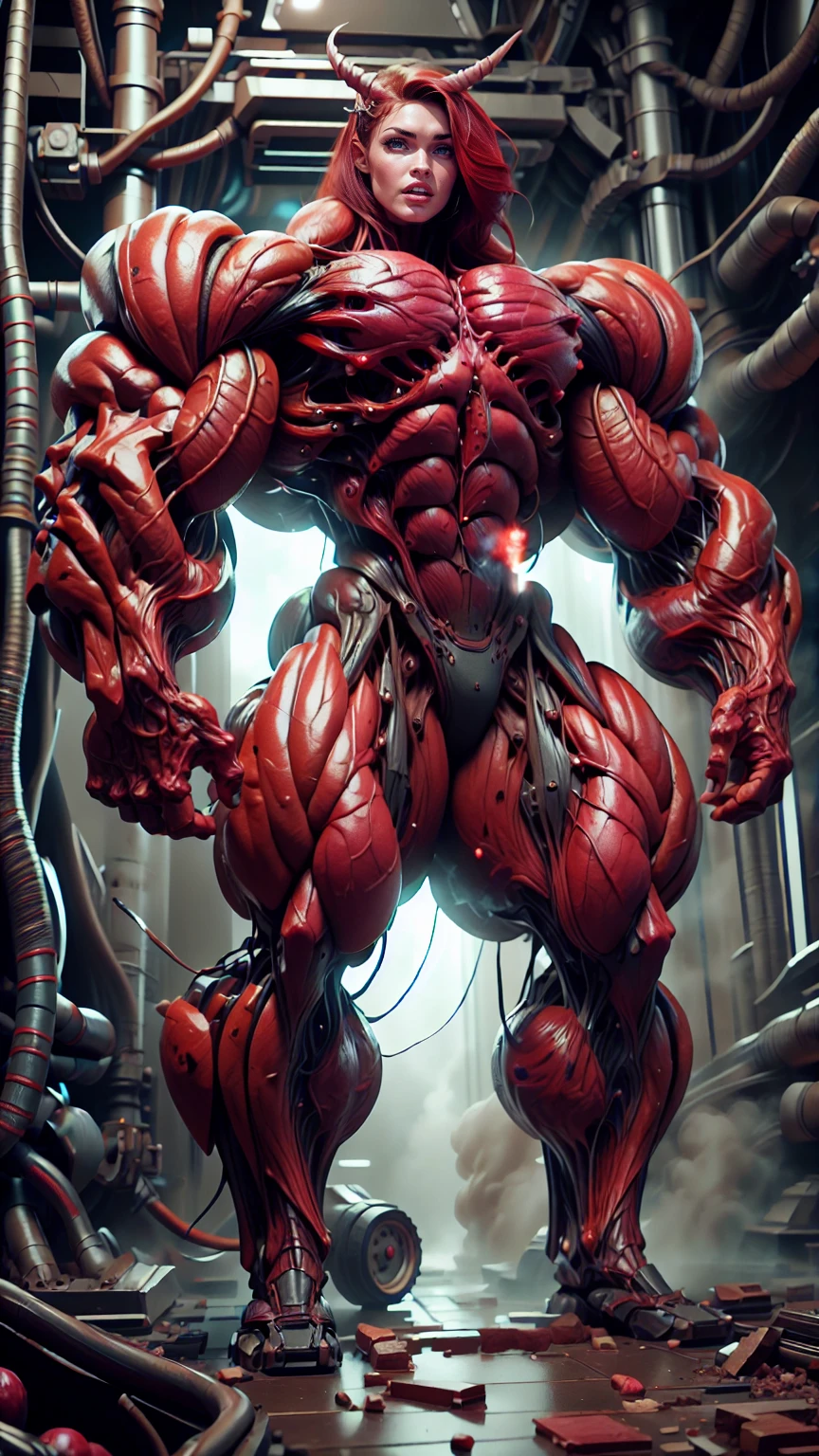 Cinematic, clear facial features and insanely detailed, the image captures the essence of (1 girl), (megan fox:1.25), (long red hair), (carnage skinless physique:1.25), (1 super muscular undead skinless succubus with gigantic horns:1.25), (covered in red necrotic rotting skinless muscle:1.25), (exposed muscles & veins everywhere:1.25), (perfect fingers:1.25) (full body pose:1.25). The color grading is beautifully done, enhancing the overall cinematic feel. Unreal Engine makes her appearance even more mesmerizing. With depth of field (DOF), every detail is focused and accentuated, drawing attention to her eyes and hair. Peak image resolution utilizing super-resolution technology ensures pixel perfection. Cinematic lighting enhances her aura, while anti-aliasing techniques like FXAA and TXAA keep the edges smooth and clean. Adding realism to the muscular bio-mecha succubus , RTX technology enables ray tracing. Additionally, SSAO (Screen Space Ambient Occlusion) gives depth and realism to the scene, the girl's presence even more convincing. In the post-processing and post-production stages, tone mapping enhances the colors, creating a captivating visual experience. The integration of CGI (Computer-Generated Imagery) and VFX (Visual Effects brings out her demonic features seamlessly . Incredible level of detail, with intricate elements meticulously crafted, the artwork hyper maximalist and hyper-realistic. Volumetric effects add depth and dimension, with unparalleled photorealism. 8k resolution rendering ensures super detailed visuals. The volumetric lighting adds a touch of magic, highlighting her beauty and aura in an otherworldly way. High Dynamic Range (HDR) tech makes the colors pop, adding richness to the overall composition. Ultimately, this artwork presents an unreal, yet stunningly real portrayal of an incredibly beautiful bio-mecha succubus girl. The sharp focus ensures that every feature is crisply defined, creating a captivating presence. (girl face:1.45)