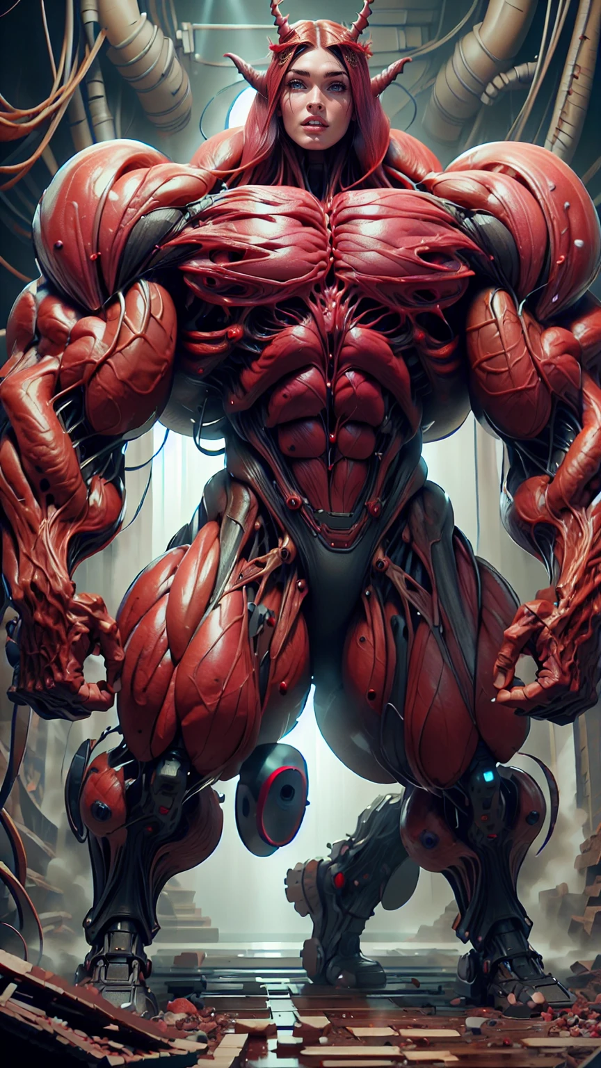Cinematic, clear facial features and insanely detailed, the image captures the essence of (1 girl), (megan fox:1.25), (long red hair), (carnage skinless physique:1.25), (1 super muscular undead skinless succubus with gigantic horns:1.25), (covered in red necrotic rotting skinless muscle:1.25), (exposed muscles & veins everywhere:1.25), (perfect fingers:1.25) (full body pose:1.25). The color grading is beautifully done, enhancing the overall cinematic feel. Unreal Engine makes her appearance even more mesmerizing. With depth of field (DOF), every detail is focused and accentuated, drawing attention to her eyes and hair. Peak image resolution utilizing super-resolution technology ensures pixel perfection. Cinematic lighting enhances her aura, while anti-aliasing techniques like FXAA and TXAA keep the edges smooth and clean. Adding realism to the muscular bio-mecha succubus , RTX technology enables ray tracing. Additionally, SSAO (Screen Space Ambient Occlusion) gives depth and realism to the scene, the girl's presence even more convincing. In the post-processing and post-production stages, tone mapping enhances the colors, creating a captivating visual experience. The integration of CGI (Computer-Generated Imagery) and VFX (Visual Effects brings out her demonic features seamlessly . Incredible level of detail, with intricate elements meticulously crafted, the artwork hyper maximalist and hyper-realistic. Volumetric effects add depth and dimension, with unparalleled photorealism. 8k resolution rendering ensures super detailed visuals. The volumetric lighting adds a touch of magic, highlighting her beauty and aura in an otherworldly way. High Dynamic Range (HDR) tech makes the colors pop, adding richness to the overall composition. Ultimately, this artwork presents an unreal, yet stunningly real portrayal of an incredibly beautiful bio-mecha succubus girl. The sharp focus ensures that every feature is crisply defined, creating a captivating presence. (girl face:1.45)