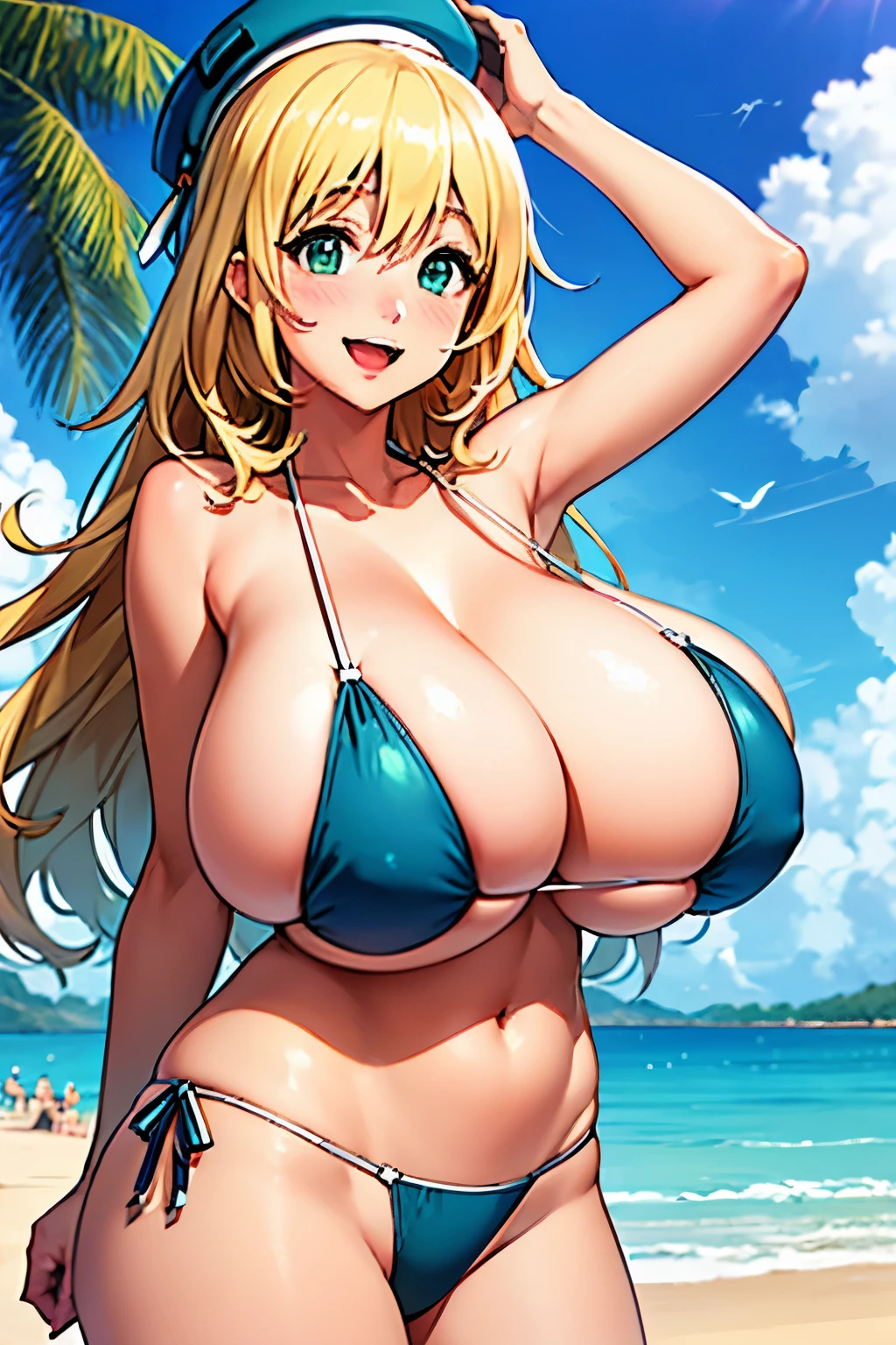 high quality、high resolution、masterpiece、anime,anime style,atago_kantaicollection,blonde_hair, long_hair, hat, breasts, blush, (gigantic_breasts:1.5), smile,open_mouth, bikini, green_eyes, blue_eyes,beach,happy smile