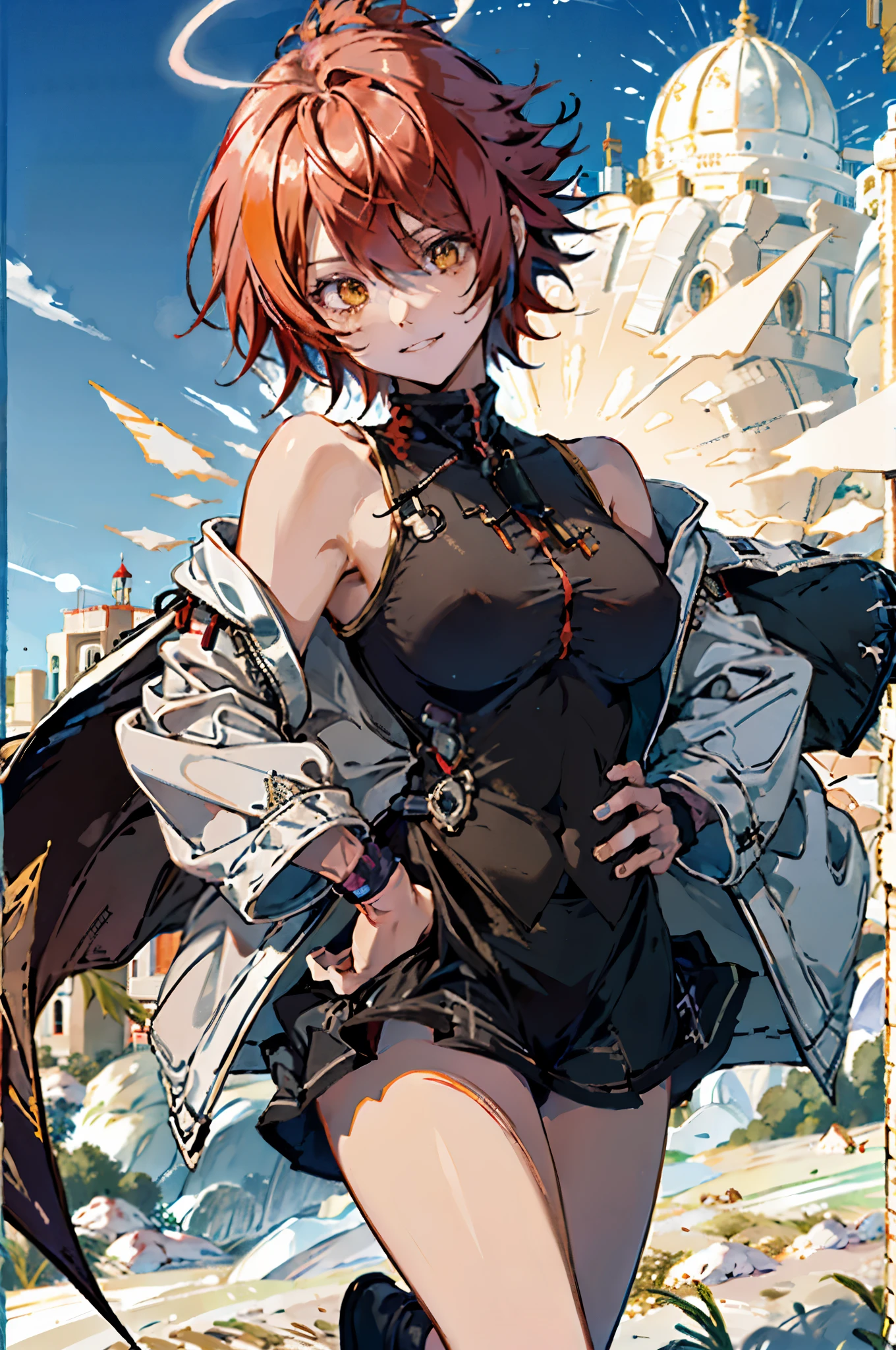 Pure sky，Plump legs，Anime girl standing gracefully on the ground，Black cape and red hair, rogue anime girl, Anime girl standing, Wearing a cloak on the blasted plain, asuka suit under clothes!, angel girl, badass posture, mechanic punk outfit, anime styled 3d, render of a cute 3d anime girl, gapmoe yandere grimdark, Female character，musculature，Abs，glowing bright yellow eyes，Bright red hair，short detailed hair，Dull hair，（Muscle 2.0），Tomboyish，Be red in the face，looking at viewert，Elaborate Eyes，huge tit，1.5，Put your hands in your pockets，ssmile，blacksilk，Straight big breasts，strappy，Black hot miniskirt，White bandeau，Toothless smile，Lower breast，Mechanical wind，There are no cities，Side breasts，Excitation，Top crotch，Sexy lower abdomen，extremely large bosom，High-fork panties，looking at viewert，nabel，chest-hugging，The halo，dynamicposes，Tall anime girl，cropped shoulders，Clean and pure sky，Place the index finger of your right hand in front of your mouth，over knee socks，Half-off white cloak，Ark of Tomorrow，Can angel，having fun，is shy