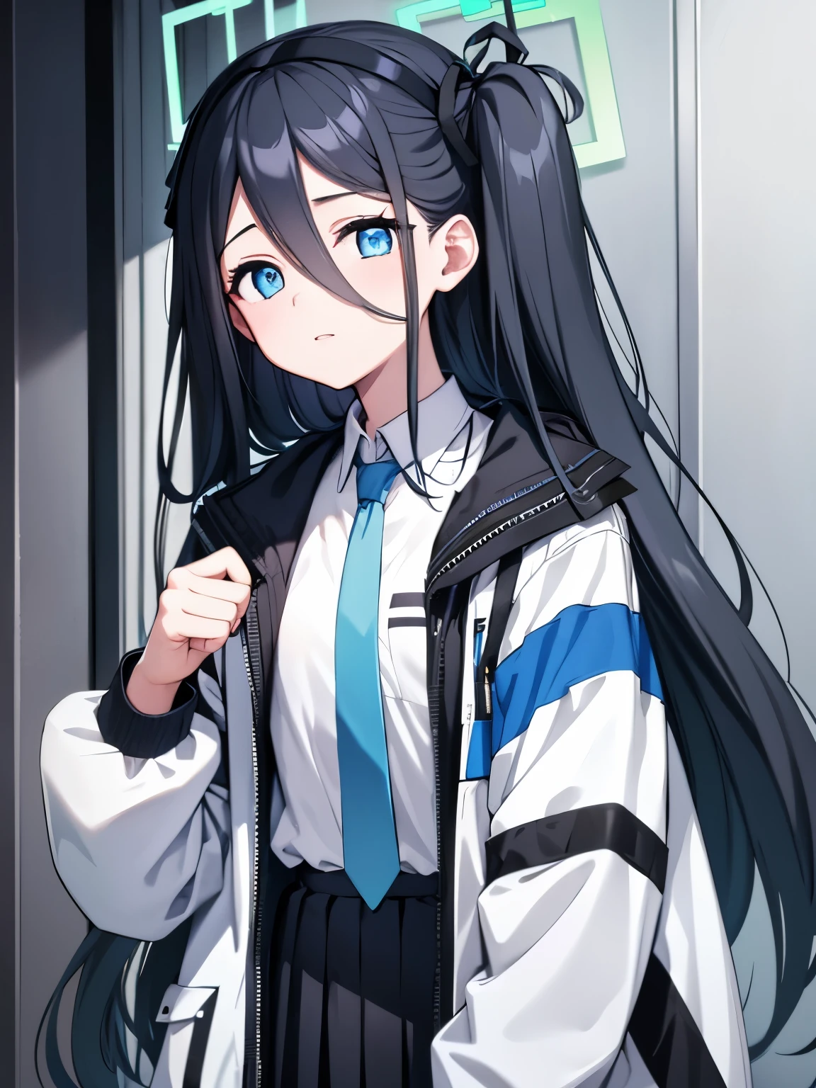 aris, black hair, blue eyes, hair between eyes, halo, long hair, one side up, hair ribbon,, necktie, blue necktie, jacket, skirt, , white shirt, collared shirt, black skirt, white jacket, long sleeves,