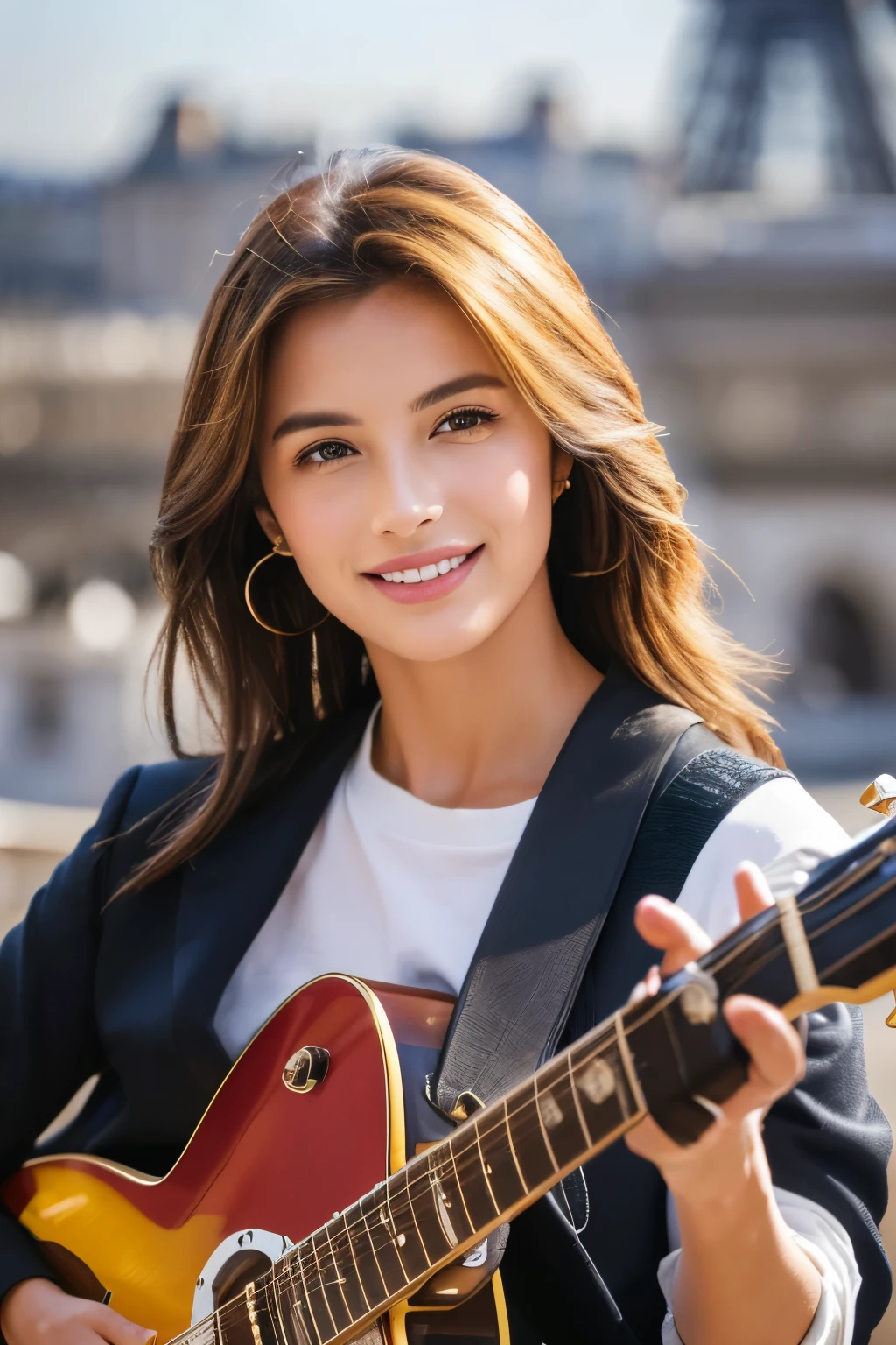 tv presenter. ((最high quality、masterpiece、realistic:1.4、In 8K))、well-groomed face、Eye and face details、rough skin、Super detailed、high detail、high quality、High resolution、(looking at the viewer)、detailed mouth、smile.sunlight、paris city center、((playing the guitar:1.3))