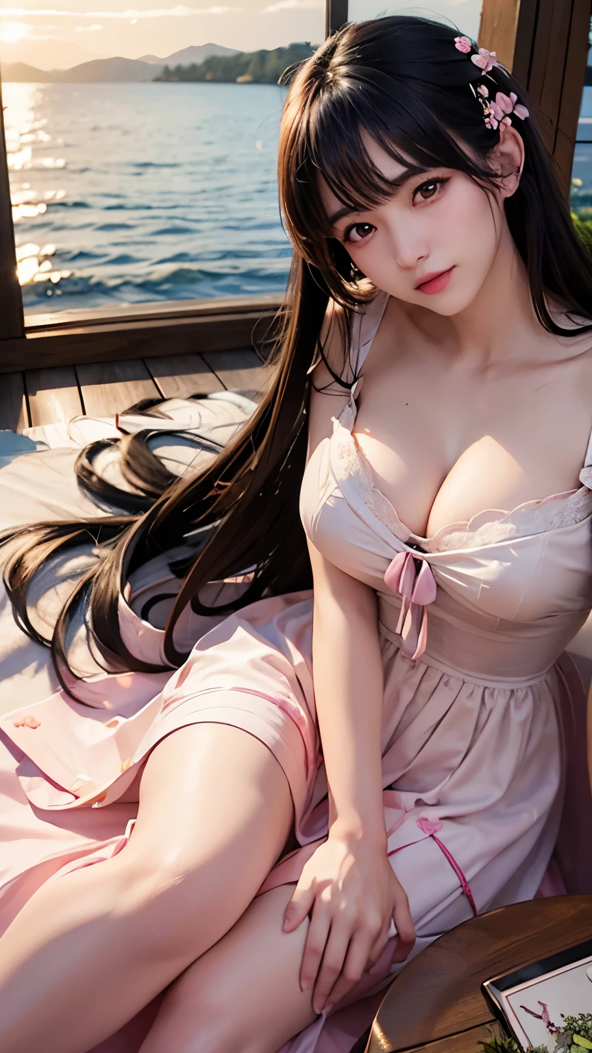 (logo、masterpiece、8K、table top、Raw photo、wonderful、最high quality、フォトリアリスティックでvery detailedな CG 統合 8k 壁紙、high quality、very detailed、narrative poem、particle effects、dynamic effects、Depth of the bounds written、cinematic light、Lens flare、ray tracing)、fantasy、 (1 beautiful woman、dress、dress、cherry blossom pattern、black haired、beautiful face、real face、beautiful details eyes beautiful skin)、髪がWindで踊る、Hair flutters in Wind、hair bounces、pink cherry tree、petals dance、SakuraFubuki、Spectacular view、sunrise、sun on background、Wind、