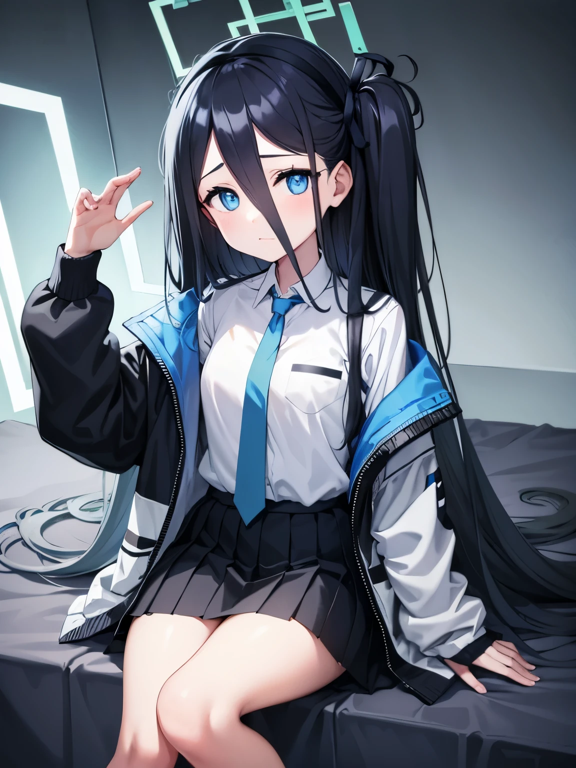 aris, black hair, blue eyes, hair between eyes, halo, long hair, one side up, hair ribbon,, necktie, blue necktie, jacket, skirt, , white shirt, collared shirt, black skirt, white jacket, long sleeves,