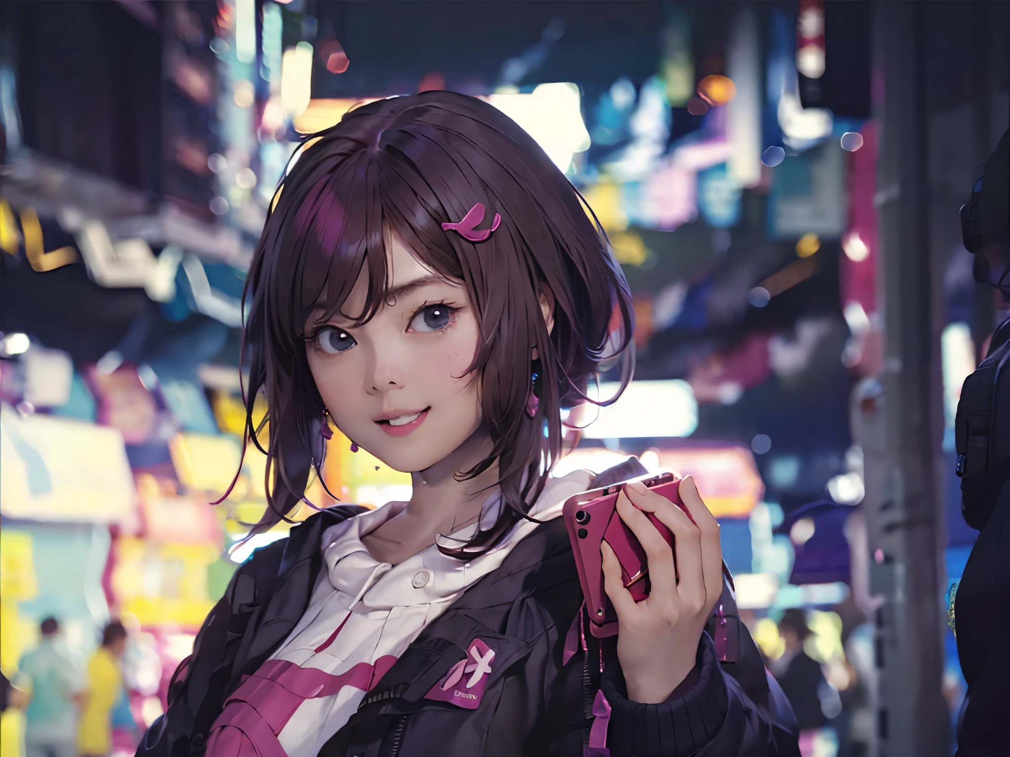 Anime girl with purple hair and black jacket holding a cell phone.., chica anime ciberpunk, ropa de calle ciberpunk, chica anime ciberpunk in hoodie, female chica anime ciberpunk, wearing ropa de calle ciberpunk, ciberpunk))))), guweiz, aesthetic cyberpunk, chica punk, estilo anime 4K, ciberpunk))), obra de arte al estilo de guweiz, anime ciberpunk, and - girl
