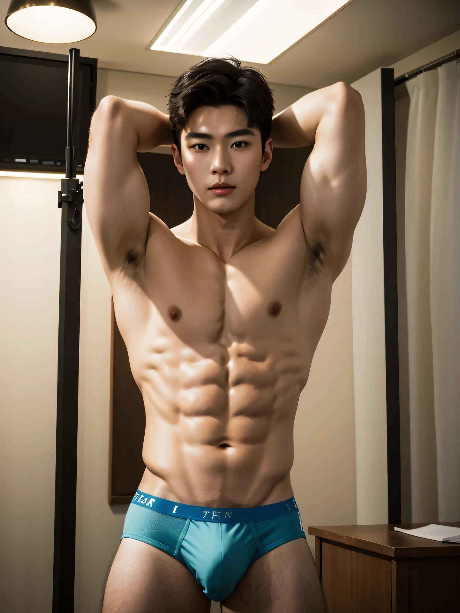In the charming picture there is a handsome Korean Chinese man 18 years old with his beam., His charm radiated as he proudly showed off his sixpack in a full standing pose.. He wore a pastel sexy briefs, that highlighted his figure, He stood in the middle of indoor studio environment., Bathed in the golden light of a beautiful day. With unparalleled attention to detail., This photorealistic portrait combines the style of National Geographic., Capture every detail of his textured skin in 8k resolution. Leica digital SLR camera. His features were clearly visible., From the deep-set eyes to the chiselled jawline., Make this image a true masterpiece..Lift. (8K UHD、RAW Photography、Photorealistic Portrait Leica Digital SLR、Lifelike images), big bulge