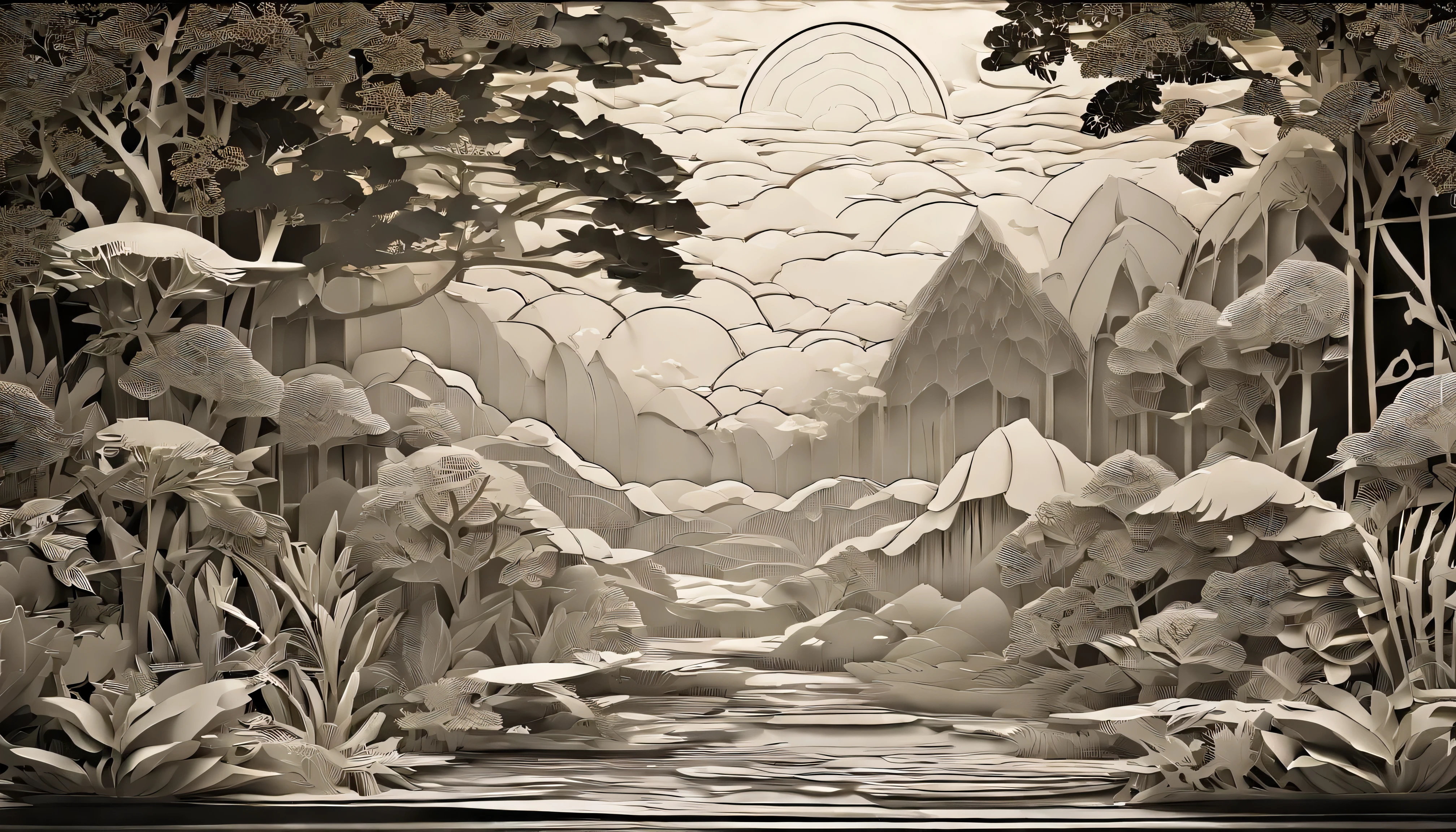 Design an image depicting an intense night storm scene over an ancient rainforest. The sky above is a canvas of chaotic beauty, with lightning bolts illuminating the dense canopy below. Each flash reveals the rich, wet leaves of towering trees and the intricate ecosystem that thrives under their shelter. The storm's fury is juxtaposed with the enduring calm of the forest, highlighting the timeless dance between nature's tempests and the tranquility of the ancient woodlands. Include the occasional glimpse of a waterfall or river, its waters surging in response to the downpour, adding to the scene's dynamic beauty