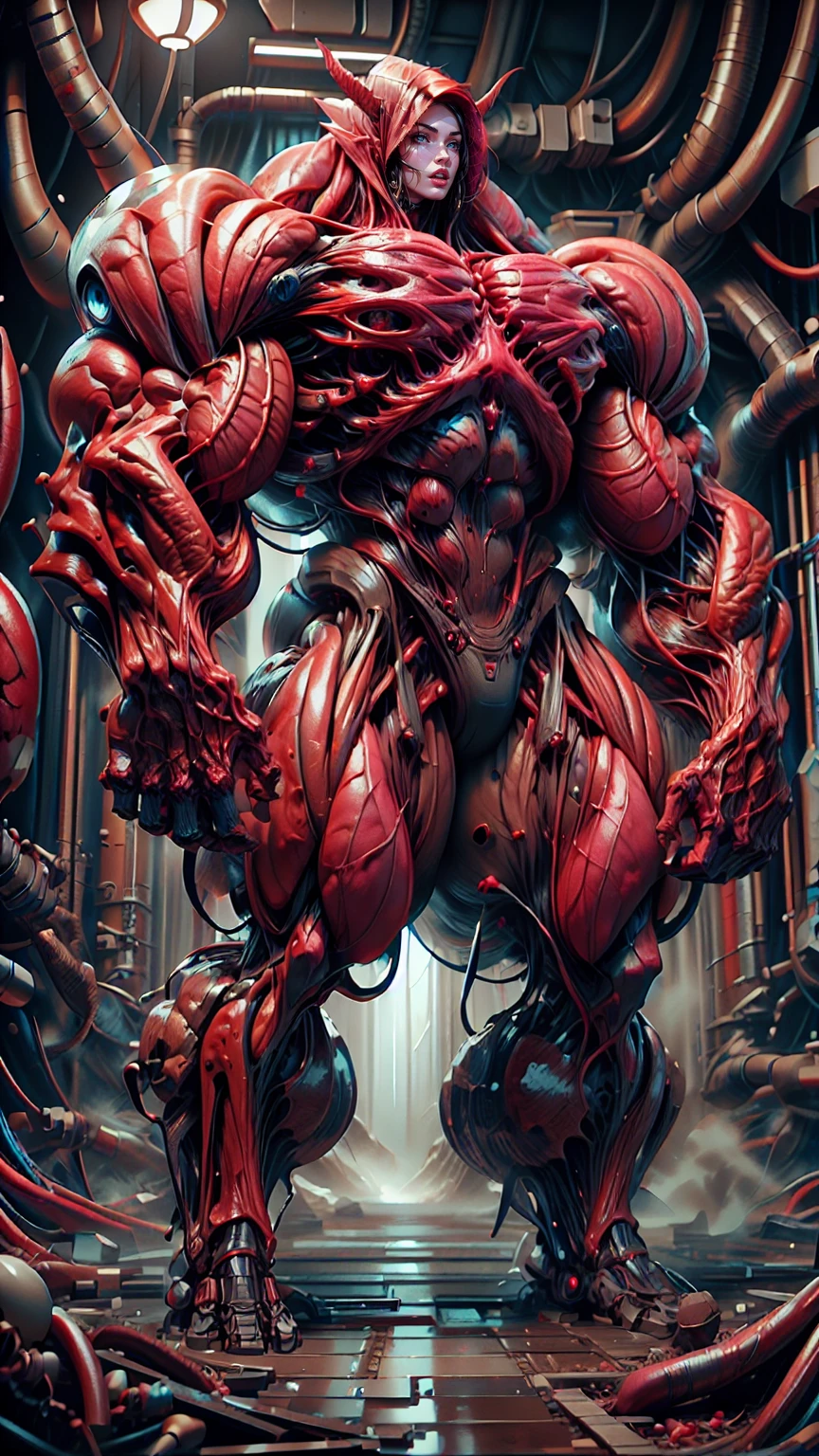 Cinematic, clear facial features and insanely detailed, the image captures the essence of (1 girl), (megan fox:1.25), (long red hair), (carnage skinless physique:1.25), (1 super muscular undead skinless succubus with gigantic horns:1.25), (covered in red necrotic rotting skinless muscle:1.2posed muscles & veins everywhere:1.25), (perfect fingers:1.25) (full body pose:1.25). The color grading is beautifully done, enhancing the overall cinematic feel. Unreal Engine makes her appearance even more mesmerizing. With depth of field (DOF), every detail is focused and accentuated, drawing attention to her eyes and hair. Peak image resolution utilizing super-resolution technology ensures pixel perfection. Cinematic lighting enhances her aura, while anti-aliasing techniques like FXAA and TXAA keep the edges smooth and clean. Adding realism to the muscular bio-mecha succubus , RTX technology enables ray tracing. Additionally, SSAO (Screen Space Ambient Occlusion) gives depth and realism to the scene, the girl's presence even more convincing. In the post-processing and post-production stages, tone mapping enhances the colors, creating a captivating visual experience. The integration of CGI (Computer-Generated Imagery) and VFX (Visual Effects brings out her demonic features seamlessly . Incredible level of detail, with intricate elements meticulously crafted, the artwork hyper maximalist and hyper-realistic. Volumetric effects add depth and dimension, with unparalleled photorealism. 8k resolution rendering ensures super detailed visuals. The volumetric lighting adds a touch of magic, highlighting her beauty and aura in an otherworldly way. High Dynamic Range (HDR) tech makes the colors pop, adding richness to the overall composition. Ultimately, this artwork presents an unreal, yet stunningly real portrayal of an incredibly beautiful bio-mecha succubus girl. The sharp focus ensures that every feature is crisply defined, creating a captivating presence. (girl face:1.45)