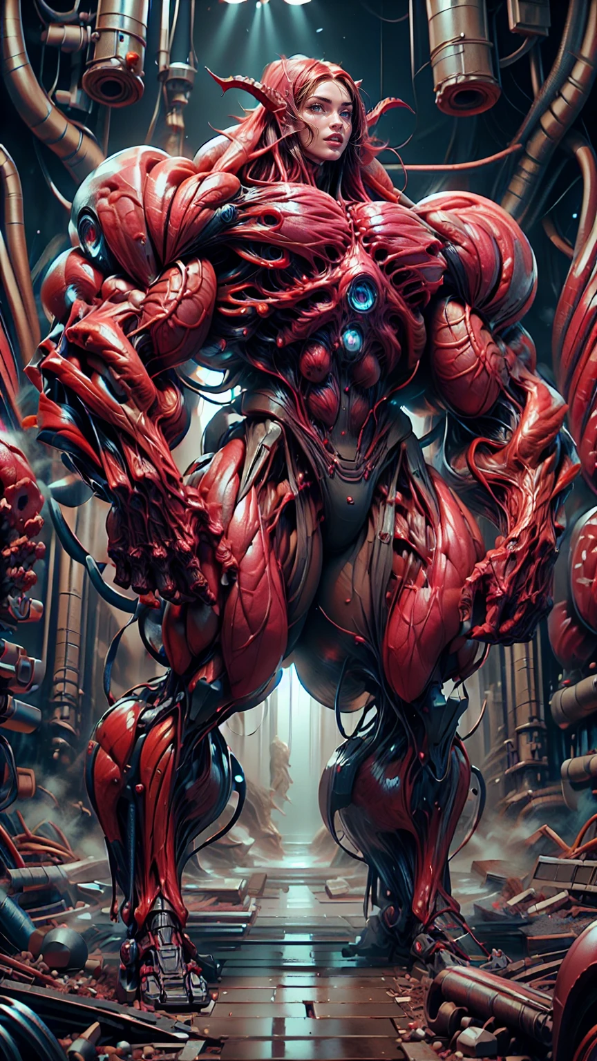 Cinematic, clear facial features and insanely detailed, the image captures the essence of (1 girl), (megan fox:1.25), (long red hair), (carnage skinless physique:1.25), (1 super muscular undead skinless succubus with gigantic horns:1.25), (covered in red necrotic rotting skinless muscle:1.25), (exposed muscles & veins everywhere:1.25), (perfect fingers:1.25) (full body pose:1.25). The color grading is beautifully done, enhancing the overall cinematic feel. Unreal Engine makes her appearance even more mesmerizing. With depth of field (DOF), every detail is focused and accentuated, drawing attention to her eyes and hair. Peak image resolution utilizing super-resolution technology ensures pixel perfection. Cinematic lighting enhances her aura, while anti-aliasing techniques like FXAA and TXAA keep the edges smooth and clean. Adding realism to the muscular bio-mecha succubus , RTX technology enables ray tracing. Additionally, SSAO (Screen Space Ambient Occlusion) gives depth and realism to the scene, the girl's presence even more convincing. In the post-processing and post-production stages, tone mapping enhances the colors, creating a captivating visual experience. The integration of CGI (Computer-Generated Imagery) and VFX (Visual Effects brings out her demonic features seamlessly . Incredible level of detail, with intricate elements meticulously crafted, the artwork hyper maximalist and hyper-realistic. Volumetric effects add depth and dimension, with unparalleled photorealism. 8k resolution rendering ensures super detailed visuals. The volumetric lighting adds a touch of magic, highlighting her beauty and aura in an otherworldly way. High Dynamic Range (HDR) tech makes the colors pop, adding richness to the overall composition. Ultimately, this artwork presents an unreal, yet stunningly real portrayal of an incredibly beautiful bio-mecha succubus girl. The sharp focus ensures that every feature is crisply defined, creating a captivating presence. (girl face:1.45)
