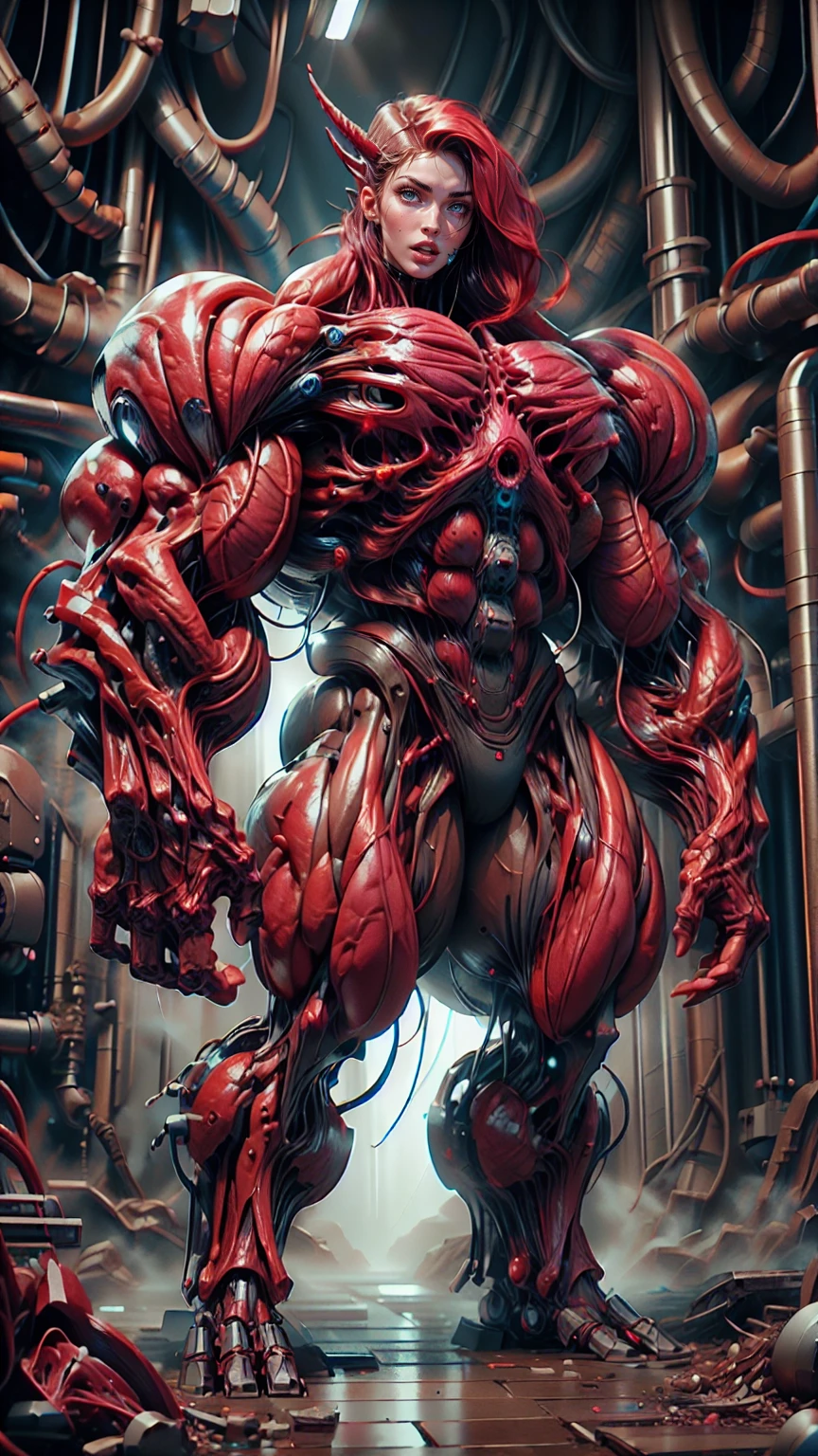 Cinematic, clear facial features and insanely detailed, the image captures the essence of (1 girl), (megan fox:1.25), (long red hair), (carnage skinless physique:1.25), (1 super muscular undead skinless succubus with gigantic horns:1.25), (covered in red necrotic rotting skinless muscle:1.25), (exposed muscles & veins everywhere:1.25), (perfect fingers:1.25) (full body pose:1.25). The color grading is beautifully done, enhancing the overall cinematic feel. Unreal Engine makes her appearance even more mesmerizing. With depth of field (DOF), every detail is focused and accentuated, drawing attention to her eyes and hair. Peak image resolution utilizing super-resolution technology ensures pixel perfection. Cinematic lighting enhances her aura, while anti-aliasing techniques like FXAA and TXAA keep the edges smooth and clean. Adding realism to the muscular bio-mecha succubus , RTX technology enables ray tracing. Additionally, SSAO (Screen Space Ambient Occlusion) gives depth and realism to the scene, the girl's presence even more convincing. In the post-processing and post-production stages, tone mapping enhances the colors, creating a captivating visual experience. The integration of CGI (Computer-Generated Imagery) and VFX (Visual Effects brings out her demonic features seamlessly . Incredible level of detail, with intricate elements meticulously crafted, the artwork hyper maximalist and hyper-realistic. Volumetric effects add depth and dimension, with unparalleled photorealism. 8k resolution rendering ensures super detailed visuals. The volumetric lighting adds a touch of magic, highlighting her beauty and aura in an otherworldly way. High Dynamic Range (HDR) tech makes the colors pop, adding richness to the overall composition. Ultimately, this artwork presents an unreal, yet stunningly real portrayal of an incredibly beautiful bio-mecha succubus girl. The sharp focus ensures that every feature is crisply defined, creating a captivating presence. (girl face:1.45)