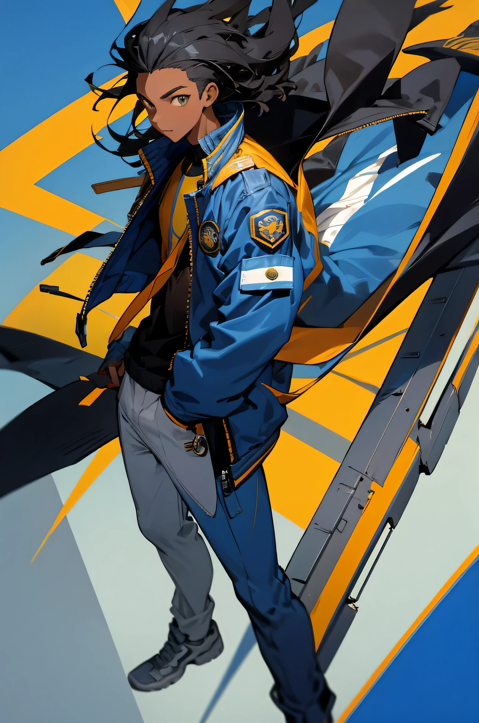 1male,young adult, Black hair, african american,jet jacket, school background, Blue jacket, tall