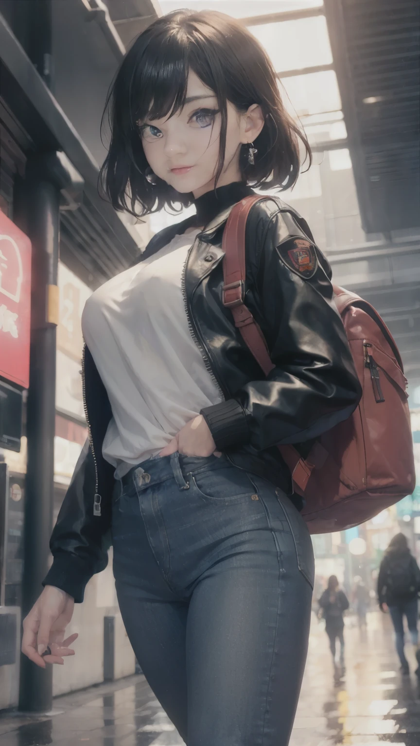 (masterpiece), highest quality, highest quality, very detailed CG unity 8k wallpaper, complex and intricate, original,High resolution, cinematic lighting,
\\
Beautiful and detailed background, Depth of the bounds written,change:0.1,realistic:1.3,
(ambient light:1.3),(cinematic composition:1.3),(neon light:0.1),(HDR:1), accent lighting,
\\
(),very detailed_eye, nail, sexy, big breasts,
(eyeliner:0.5),(blush:0.5), black hair,
\\
looking at the viewer, alone,
\\
white shirt, full body,

swoodt, subway station, store boundaries, akihabara \(Tokyo\), Shibuya Ward \(Tokyo\), Shinjuku \(Tokyo\), wood, rain, cloudy, Afterglow, cityscape,

Pueros face_V1, [:(detailed face:1.2):0.2], shiny eye, Dramatic scenery,

starRY, starRY LIGHT, night, colorful, cloud, star \(null\),  decent jacket, Jacket Pull, wind coat pull,
rainが降っている, rainの, Wet, Wet body, water droplets on the skin,
light blush, skinny,
Ulzzang,(Raw photo:1.2), (photorealistic:1.4), beautiful detailed girl, very detailed eye and face,
light shines on your face,
camel toe, (denim blue jeans, red leather jacket, black leather backpack on the back), (black backpack)

shirt puller, earrings, robber girl, Dynamic expression, leggings, sportswear,

jumping , running, walk