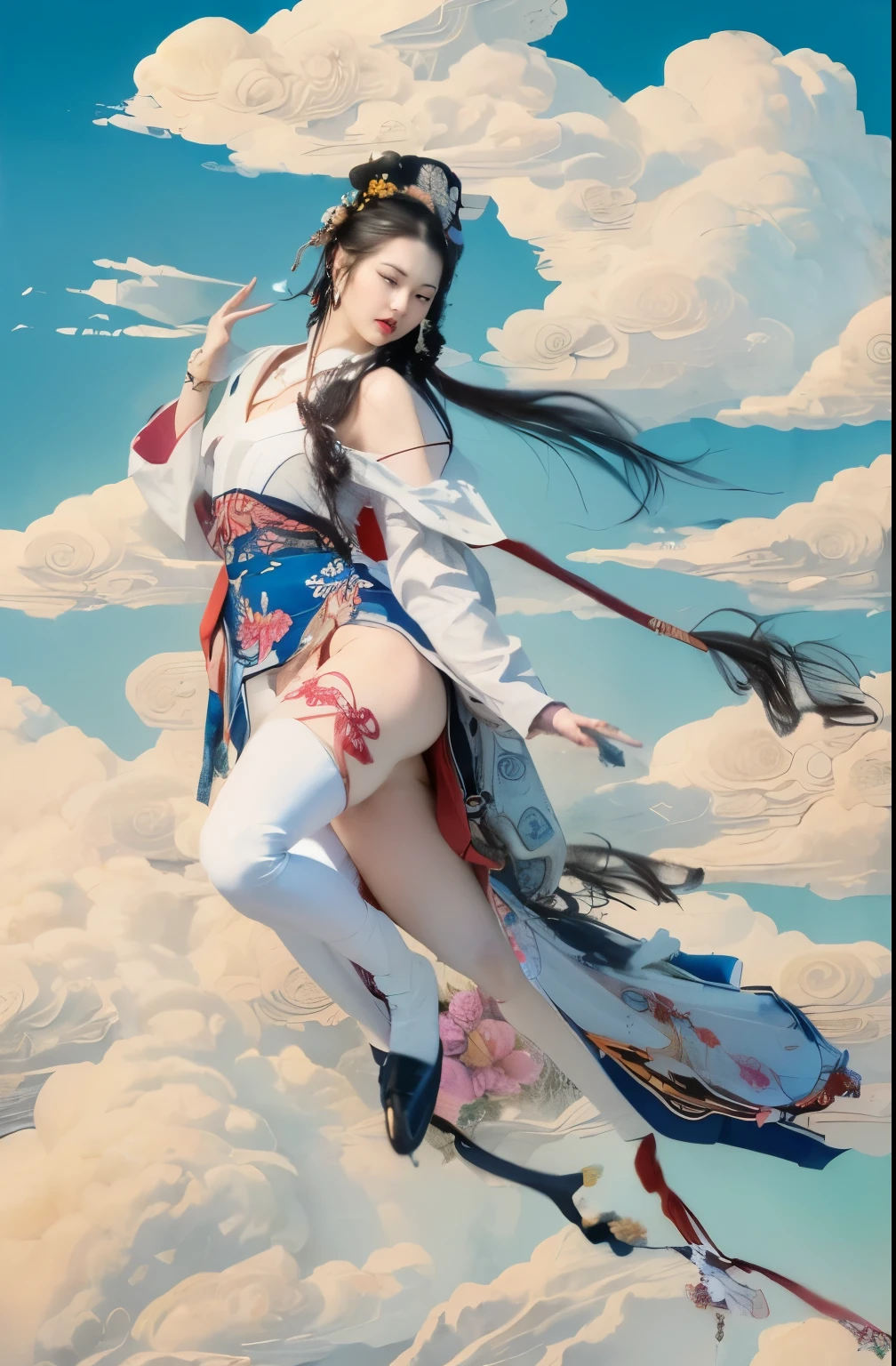 (masterpiece, top quality, best quality, official art, beauty:1.2),（最詳細清晰的contour和五官：2.0，contour：2.0） (1 Chinese goddess:1.5), Very detailed,(Dunhuang艺术:1.1),(Dunhuang，colorful:1.1)(flowers:1.3),most detailed,(Zentangle:1.2), (Dynamic flight attitude，Foot on the white clouds，Showing thighs:2.0), (Blue sky and white clouds moon background:1.3), (Wear silk socks and Chinese embroidered Hanfu:1.2), (shiny skin，camel toe：1.2), (Many colors:1.4), ,(earrings:1.4),