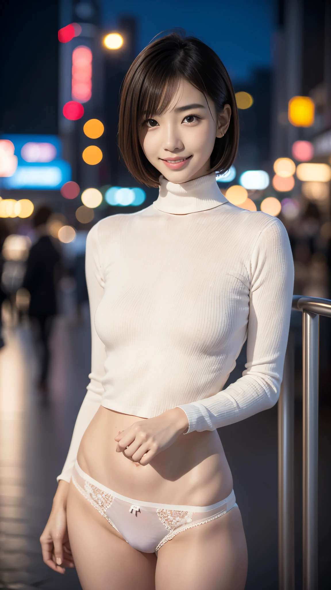 beautiful japanese woman, 1 girl,(that'realistic:1.4), debris flies, highest quality, 8k, At 32K,((Short turtleneck))、23 years old、((panties))、Tokyo night view、blur the background、stand up straight、18-year-old、perfect face、perfect body line、Japanese idol、short cut hairstyle、smile、upper body photo、白色のpanties姿、Wearing small panties