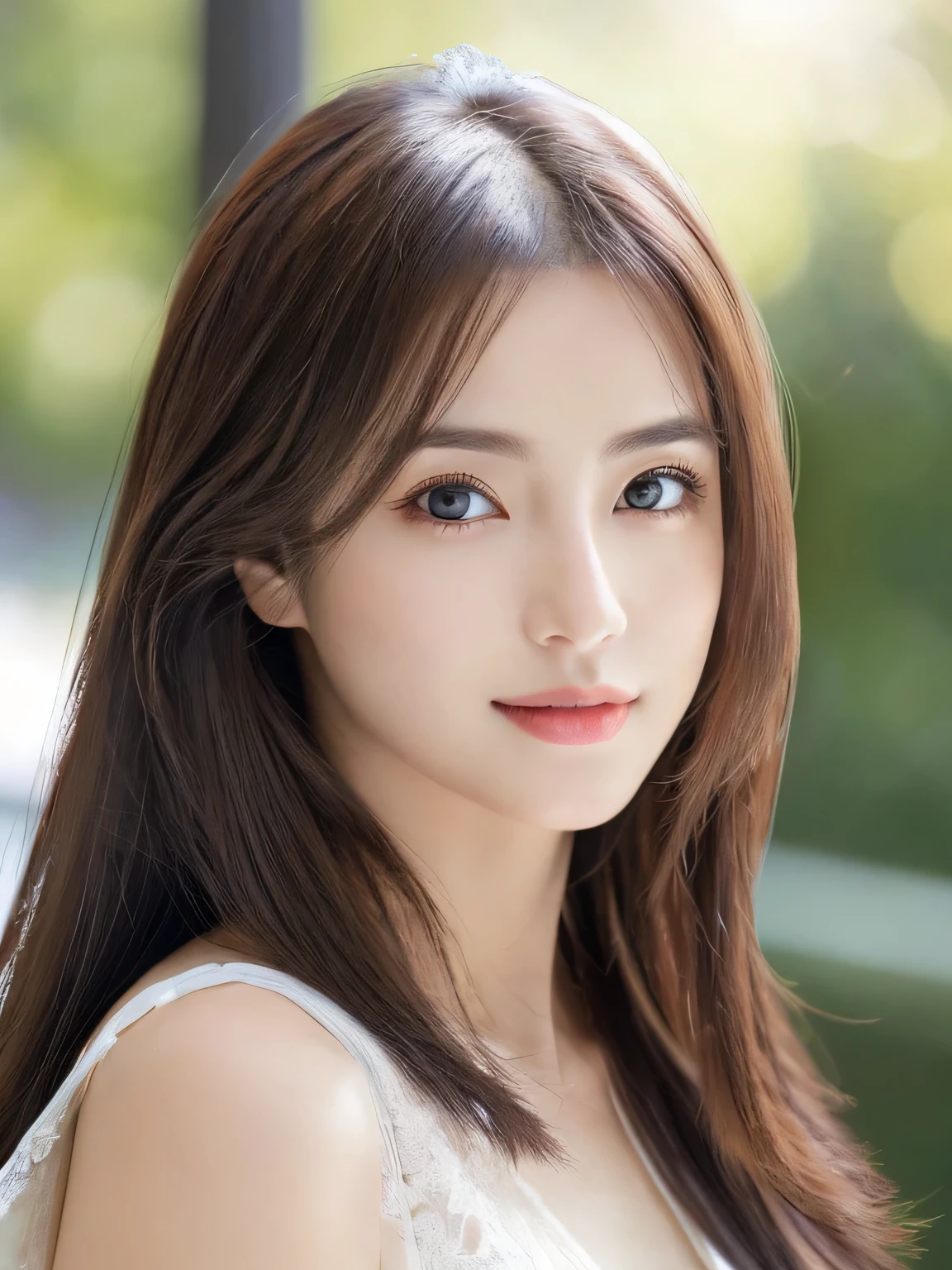 (((32k,high details,high detail、masterpiece,attention to detail,alone))),Raw photo & realistic atmosphere,beautiful dark blue eyes,detailed mouth,glossy lips,thin eyebrows,fine eyes、Soft white skin that shines in every detail、sheの深い黒色の目はとても美しいです,lip details、very beautiful face,very well-shaped face、lifelike face,shining beautiful lips,beautiful eyebrows,infinite reality, Realistic 若手idol sculpture,she'she'she'she'she'she'she'she'very cute woman , idol sculpture, 若手idol sculpture, とても美しくてかわいい22 year old beauty,incredibly beautiful and classy,22 year old beauty,natural soft light,(shiny hair,,Beautiful and kind eyes:1.5),gentle smile,well-shaped chest,long hair,beautiful posture,no makeup,think ahead
