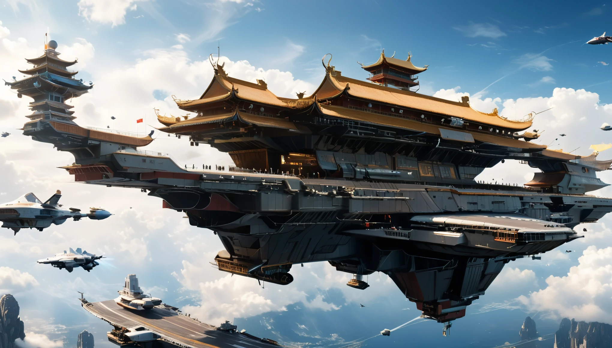 (best quality,4k,8k,highres,masterpiece:1.2),ultra-detailed,(realistic,photorealistic,photo-realistic:1.37),spacecraft carrier,inflight sky,Chinese architecture on top of the carrier,wide-angle shot,panoramic,ultra-wide lens