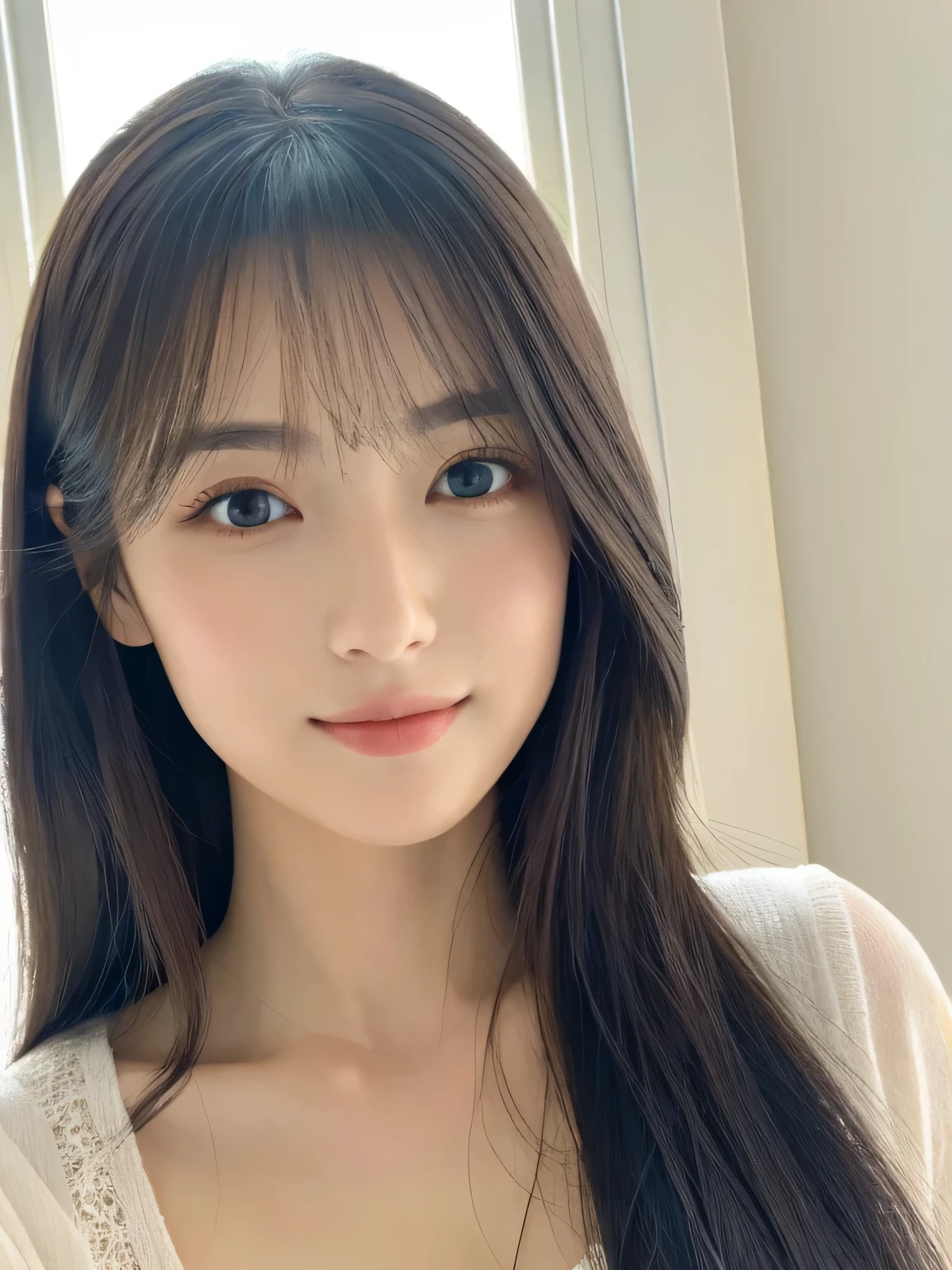 (((32k,high details,high detail、masterpiece,attention to detail,alone))),Raw photo & realistic atmosphere,beautiful dark blue eyes,detailed mouth,glossy lips,thin eyebrows,fine eyes、Soft white skin that shines in every detail、sheの深い黒色の目はとても美しいです,lip details、very beautiful face,very well-shaped face、lifelike face,shining beautiful lips,beautiful eyebrows,infinite reality, Realistic 若手idol sculpture,she'she'she'she'she'she'she'she'very cute woman , idol sculpture, 若手idol sculpture, とても美しくてかわいい22 year old beauty,incredibly beautiful and classy,22 year old beauty,natural soft light,(shiny hair,,Beautiful and kind eyes:1.5),gentle smile,well-shaped chest,long hair,beautiful posture,no makeup,think ahead