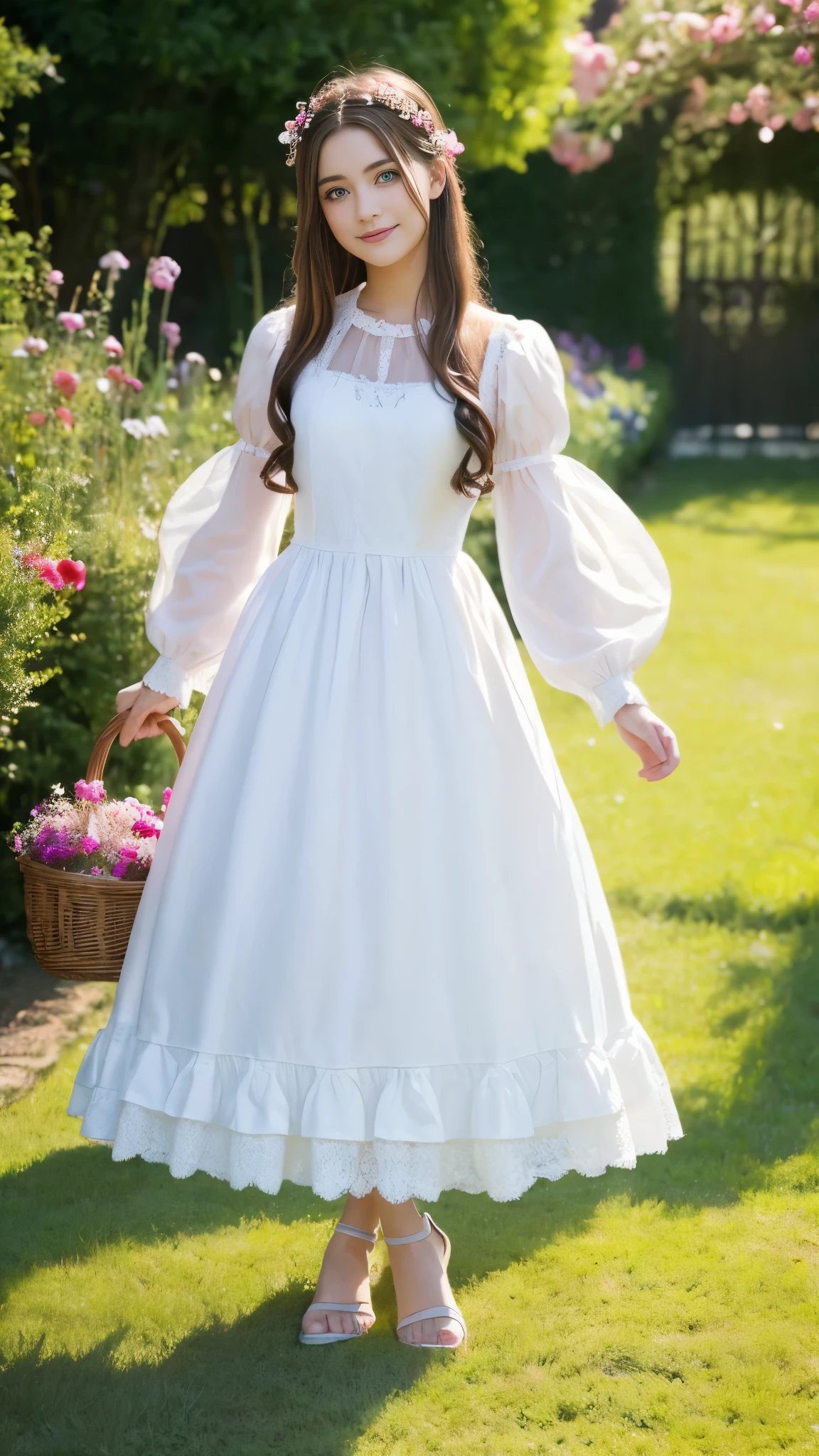 Full body shot,fantasy world,a male,male body,long hair,fantasy style long frilly dress,long sleeved,sandals,standing,holding a basket,feminine and graceful pose,cute and gentle expression,soft smile,facing to viewer,garden background,facing to camera,body facing to camera,masculine face,detailed face features,detailed dress,perfect hands,detailed hands,perfect feet,detailed feet,natural lighting