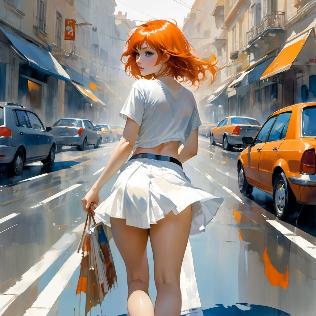 Temptation, beautiful young woman on the road in a short skirt, white mini-skirt and panties and a T-shirt, orange hair, big blue eyes, slim, wet hair and skin, camera from below, looking at the camera over her shoulder, city, paints, back view, watercolor, Style by Harrison Fisher and Brian Froud and Jeremy Mann and Alexandre Cabanel and Ralph Steadman and Tomer Hanuka, Mysterious