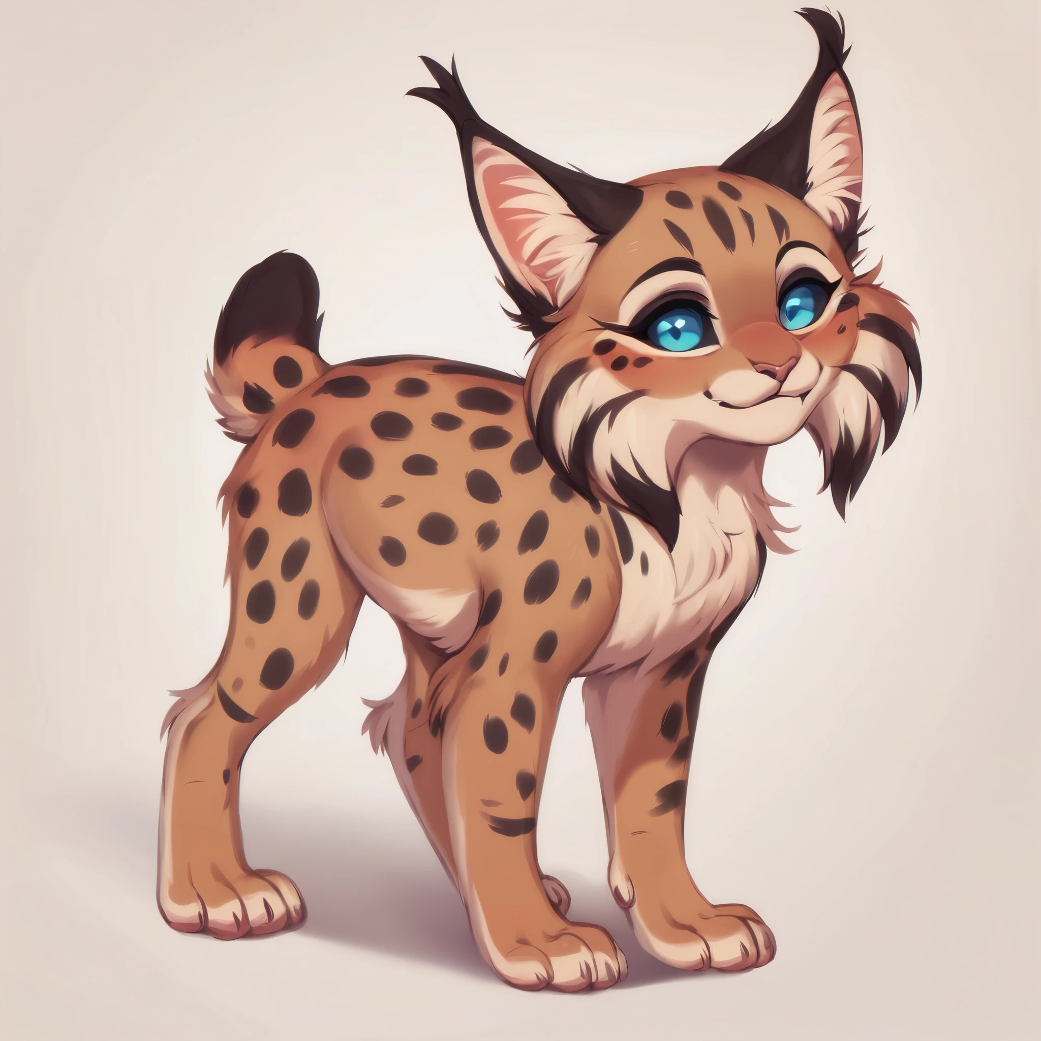 score_9, score_8_up, score_7_up, score_6_up, score_5_up, score_4_up, show accurate, full body, simple background, solo, feral lynx, female lynx, teenage linx, adorable face, standing on all fours, black sclera, sapphire blue eyes, bright eyes, playful look, overflowing emotion, spots under eyes,